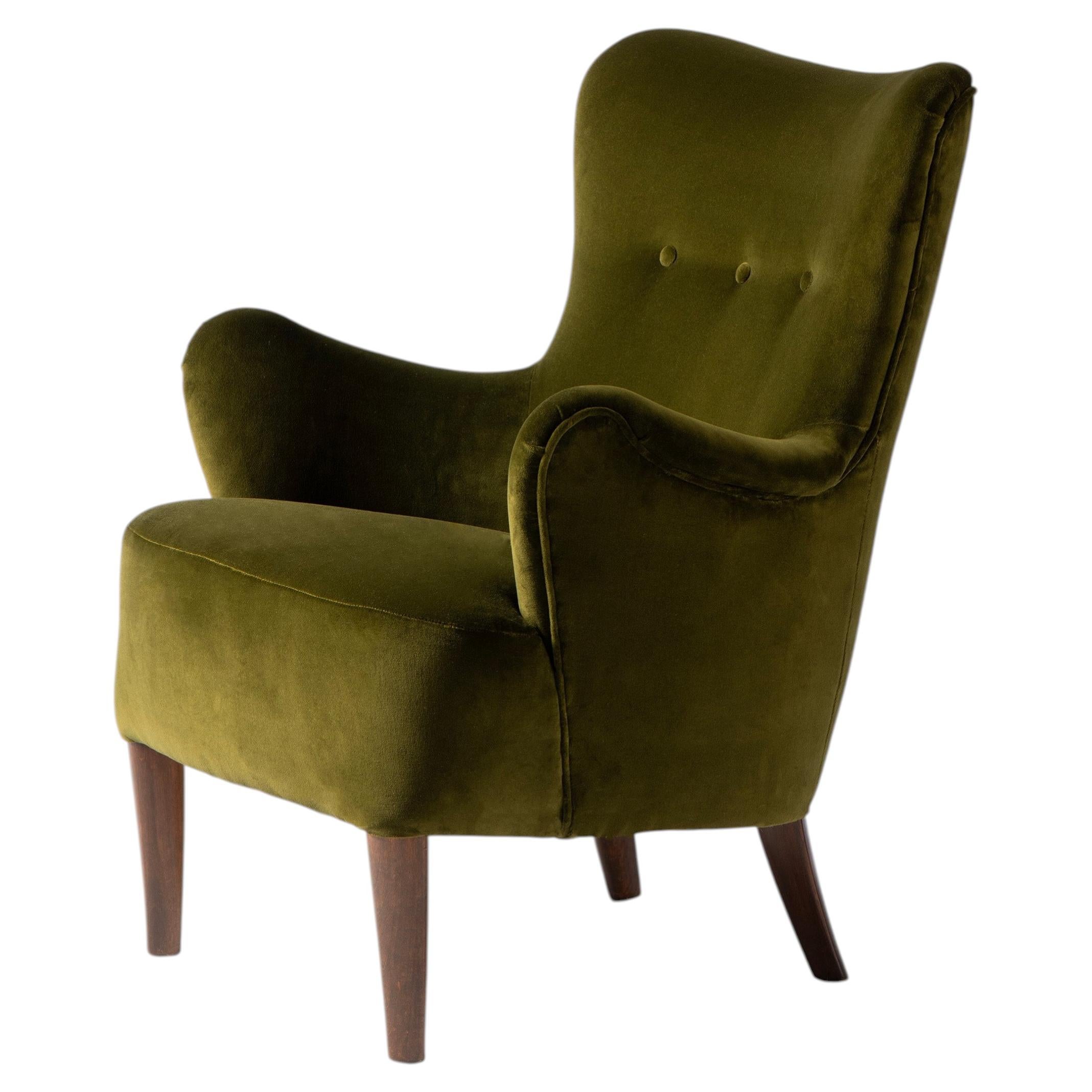 Carl Malmsten Vintage 1950s Gavle Chair in Moss Green Velvet