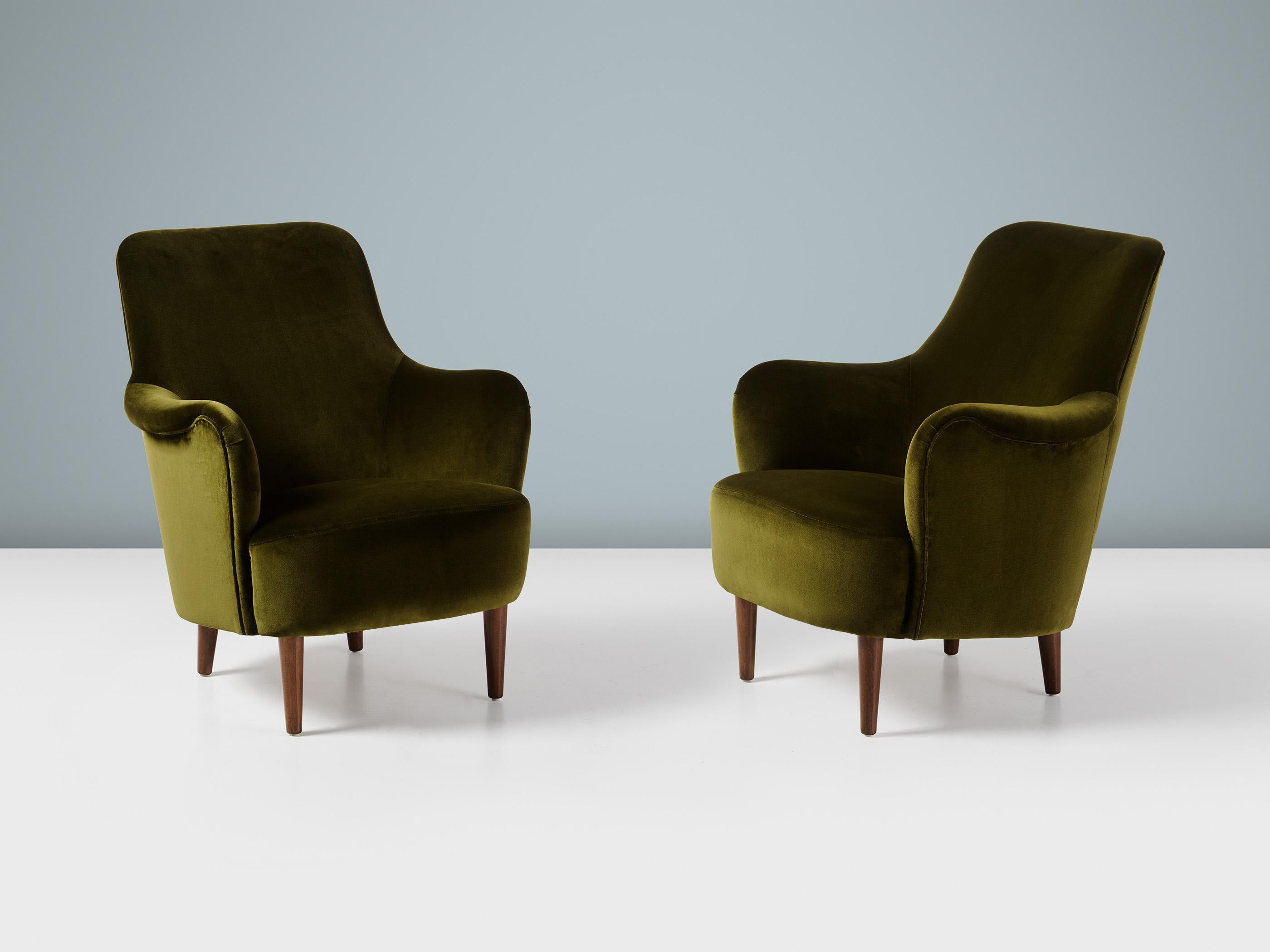 Swedish Carl Malmsten Vintage 1950s Samsas Chairs in Moss Green Velvet For Sale