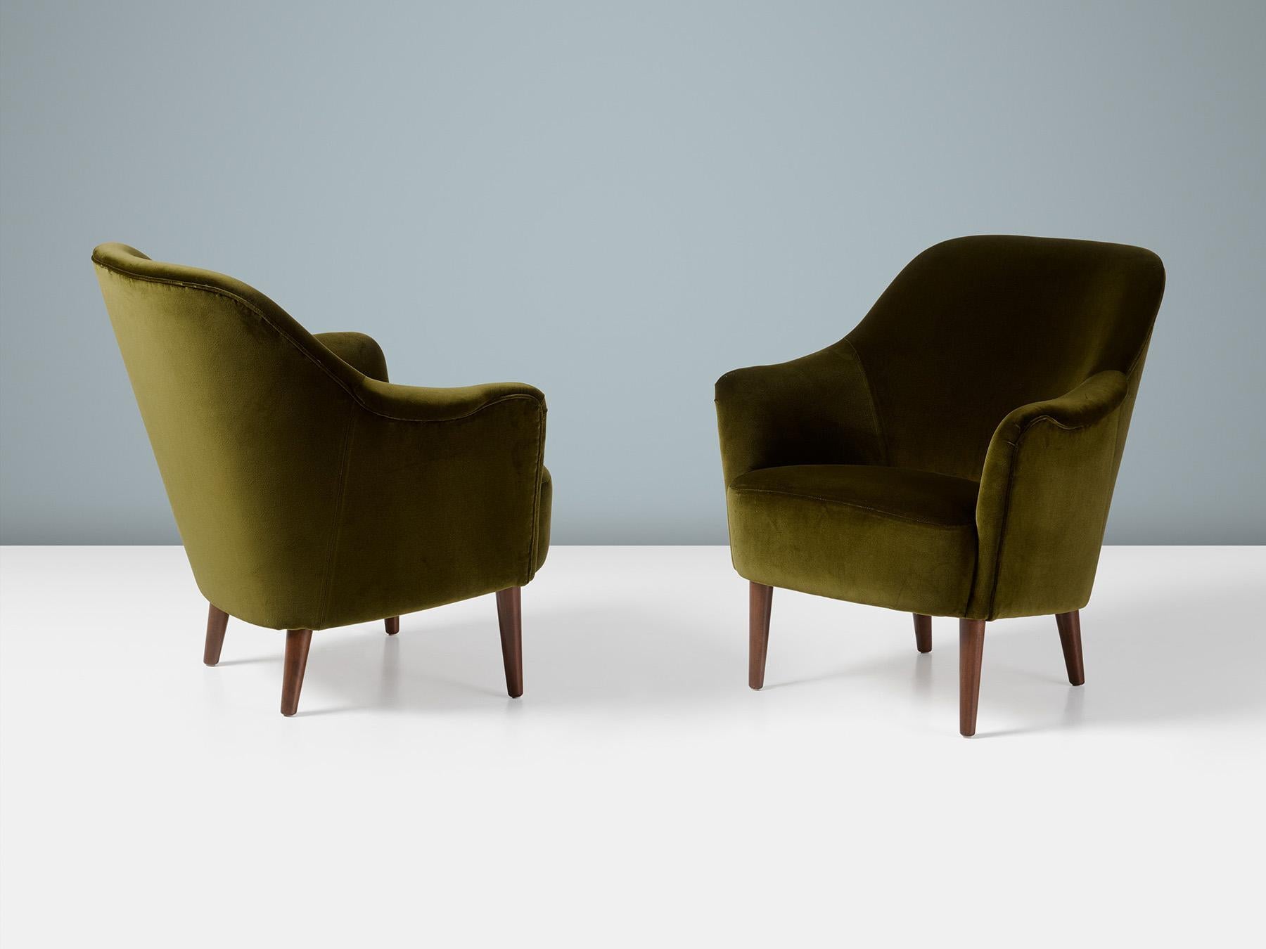 Scandinavian Modern Carl Malmsten Vintage 1950s Samspel Chairs in Moss Green Velvet For Sale