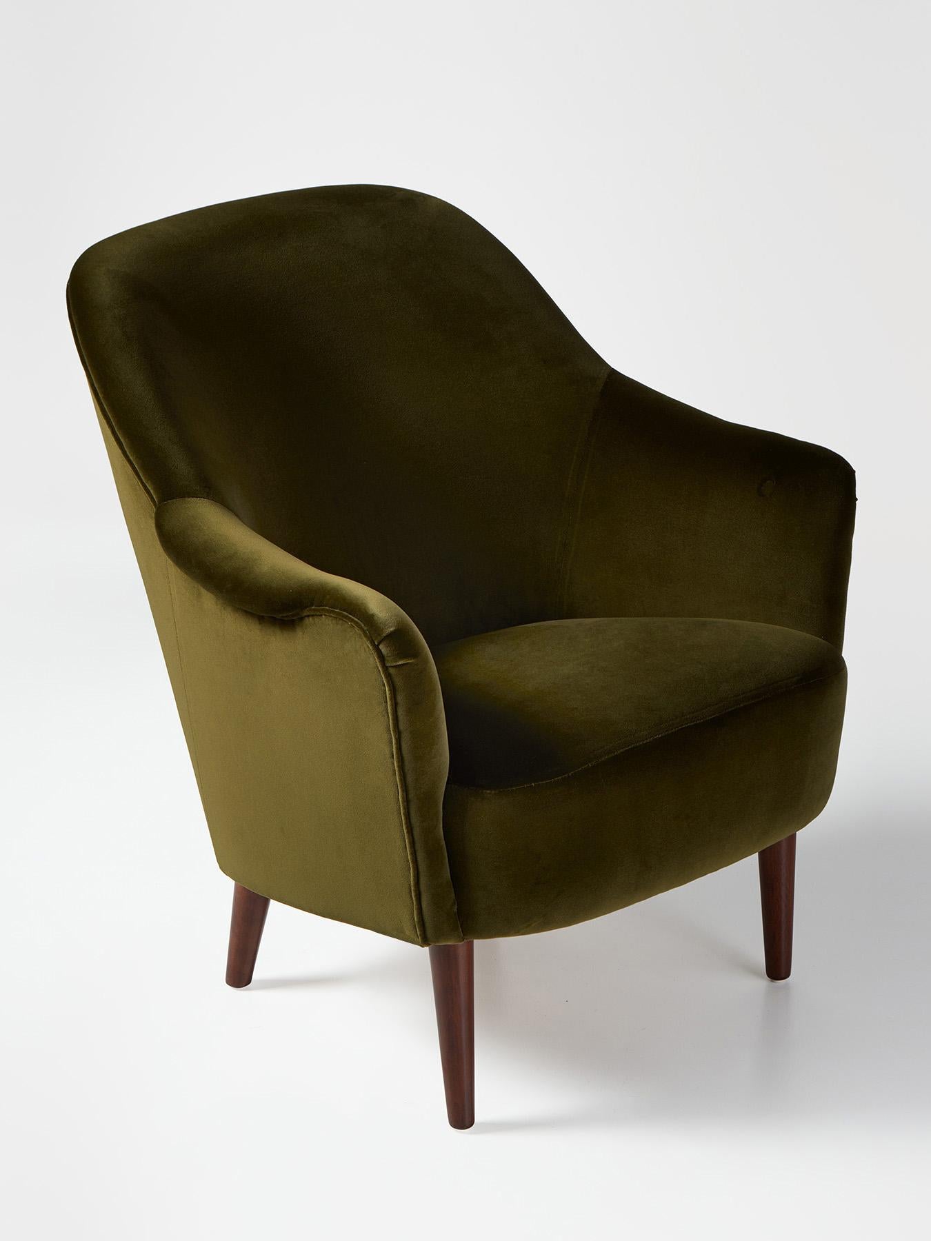 Swedish Carl Malmsten Vintage 1950s Samspel Chairs in Moss Green Velvet For Sale
