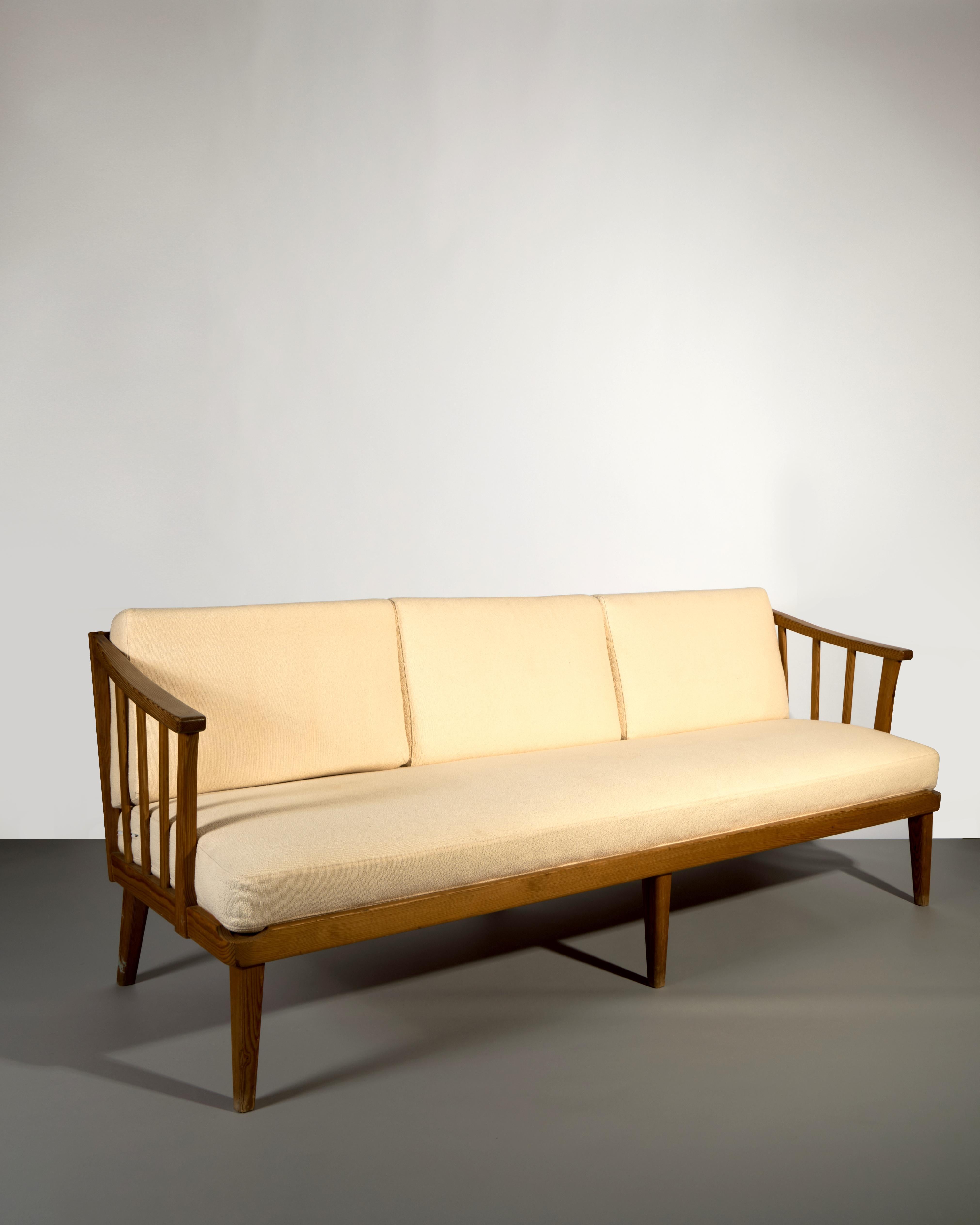 Carl Malmsten
‘Visingsö’ 3-Seater Sofa, c.1960s
Solid pine frame
H78 x W205 x D78 cm
Made in Sweden

This elegant three-seater sofa is part of the ‘Visingsö’ series, designed by Swedish master furniture maker Carl Malmsten in the 1960s. Known for