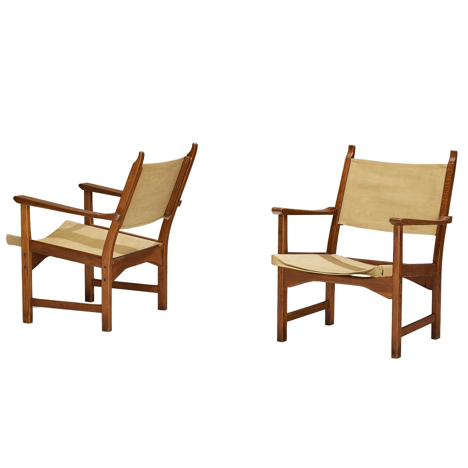 Carl Malmsten & Yngve Ekström Pair of 'Caryngo' Chairs in Oak and Canvas For Sale