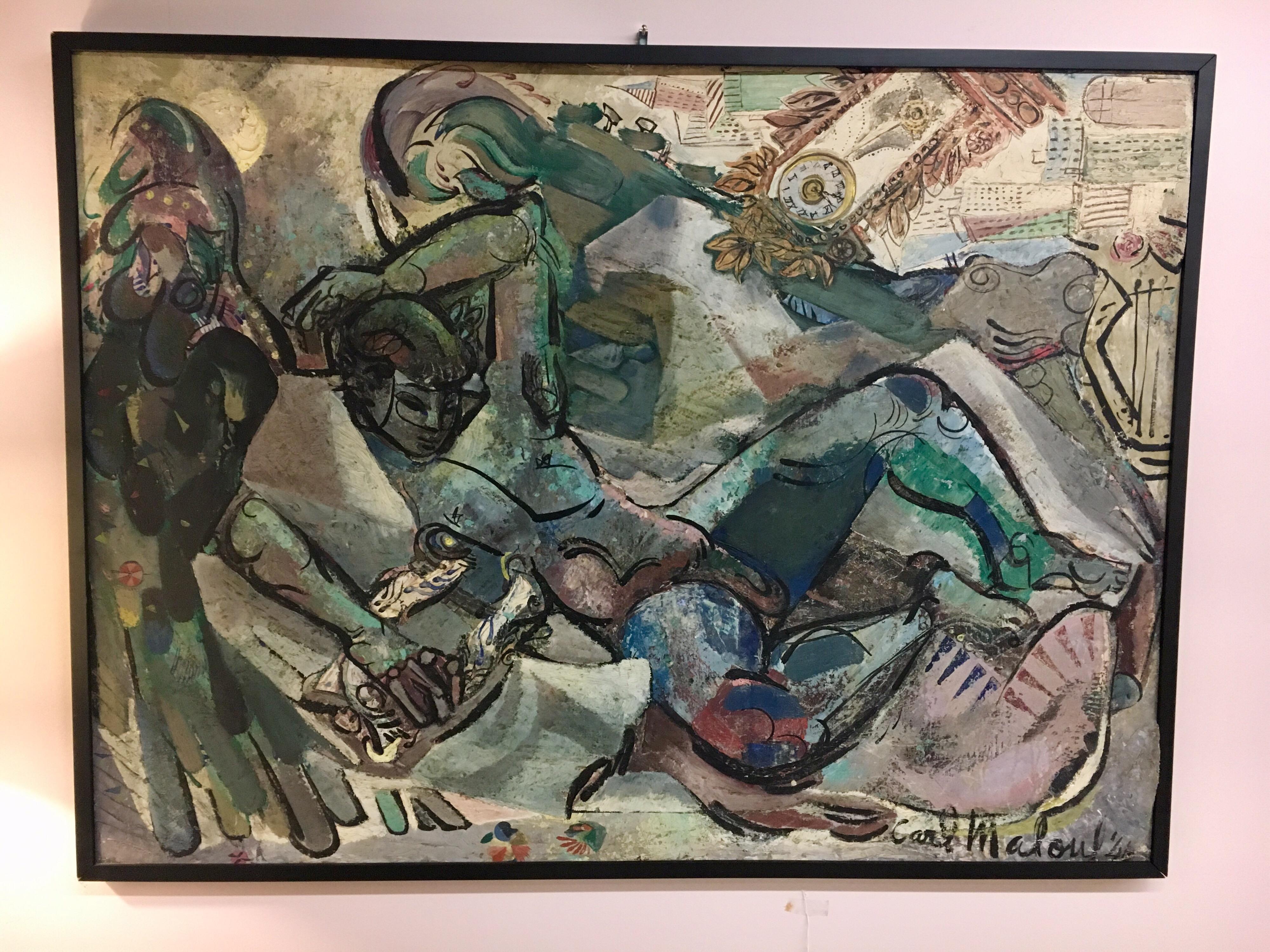 Early midcentury Carl Malouf original oil on canvas painting. Signed by the artist in the bottom right.
Malouf was a well known painter of abstract New York scenes and was also known to be a dear friend of
the novelist Glenway Wescott. He did most