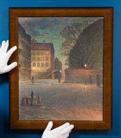 Atmospheric Stockholm Street Scene at Dusk, Watercolor on Canvas, 1926