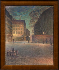 Atmospheric Stockholm Street Scene at Dusk, Watercolor on Canvas, 1926