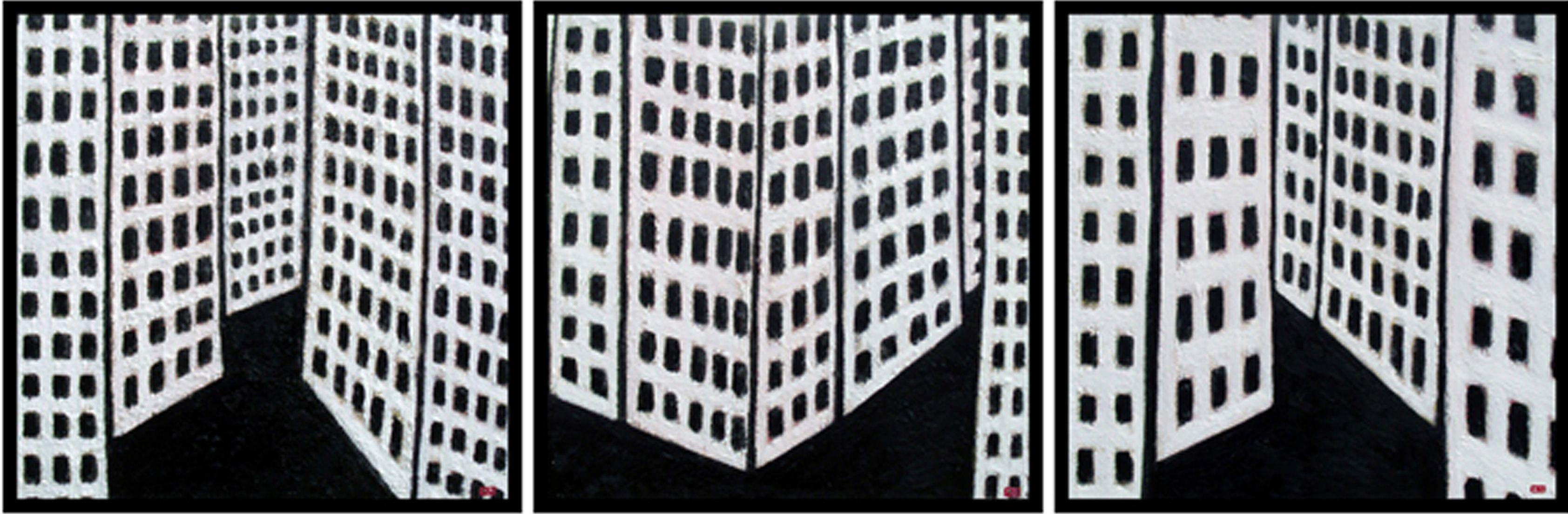 "City Blocks", part of Urban Patterns, bold, textured and Black & White Oil.  Panel individually framed                   (3) 24in x 24in each and allow for 1 inch spacing.    Note: The room mock-ups the painting is shown is often not in proportion