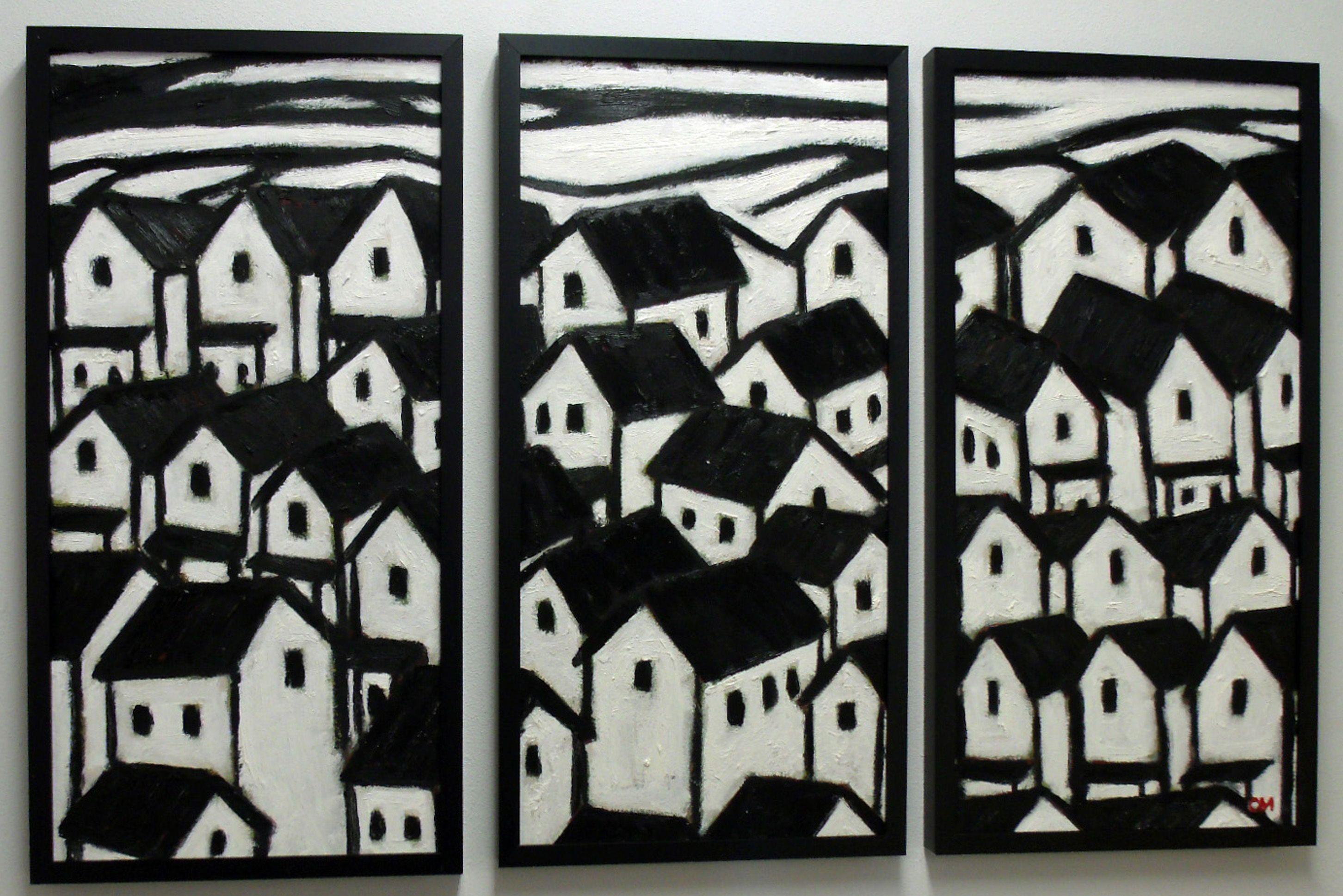A mountainside in old industrial city stacked with roof tops reminiscent of old Europe. Strong black and white patterns and textured.  Each painting individually framed (3) 24in x 12in allowing 1-incn spacing.  Note: The room mock-ups the painting