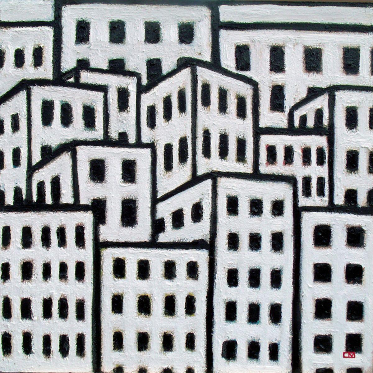 Urban Patterns-24in x 24in FREE SHIPPING/Cont. USA, Gemälde, Öl auf Holzplatte im Angebot 1