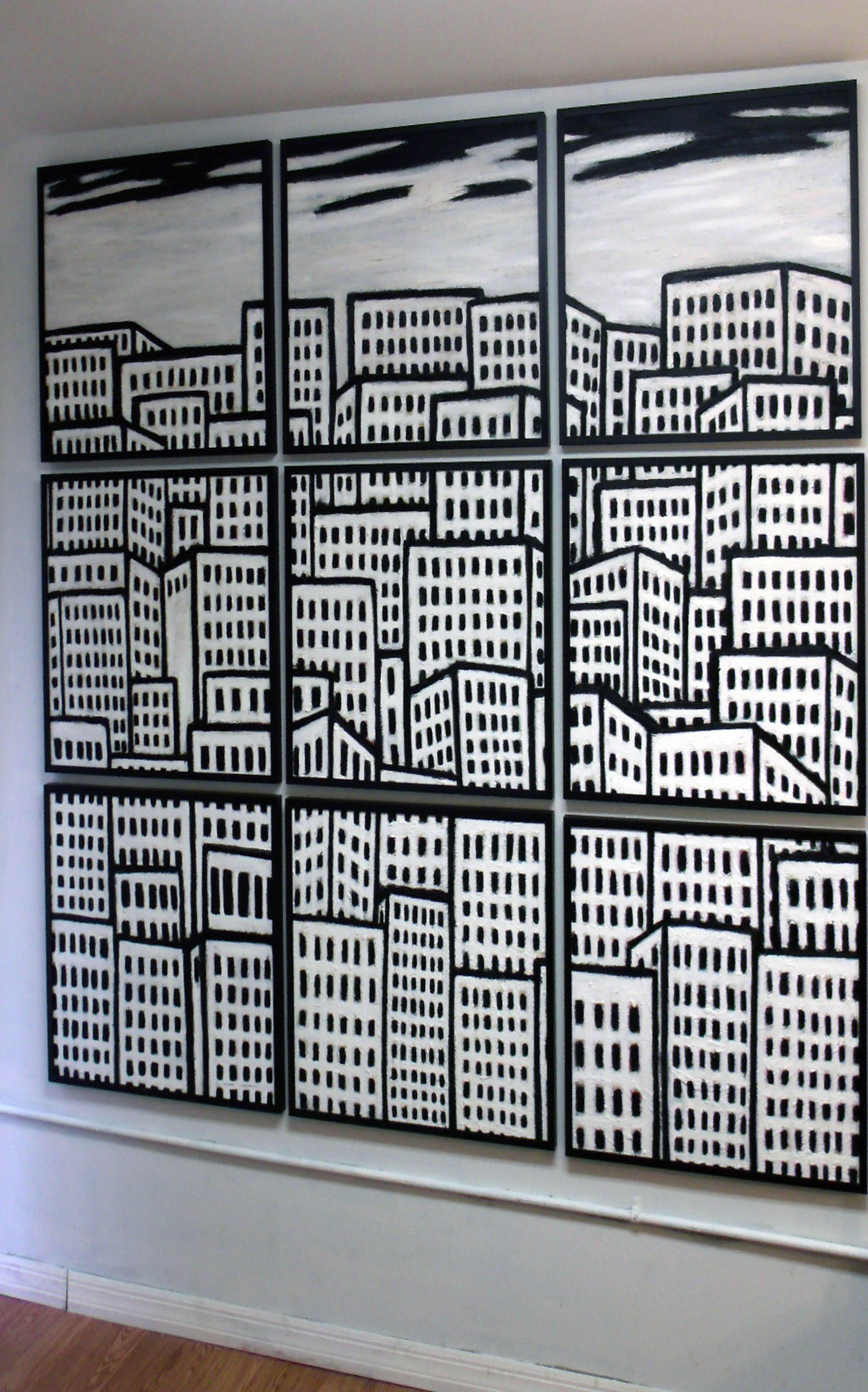 Urban Patterns, 9-Panel, FREE SHIPPING/Cont. USA, Painting, Oil on Wood Panel For Sale 1