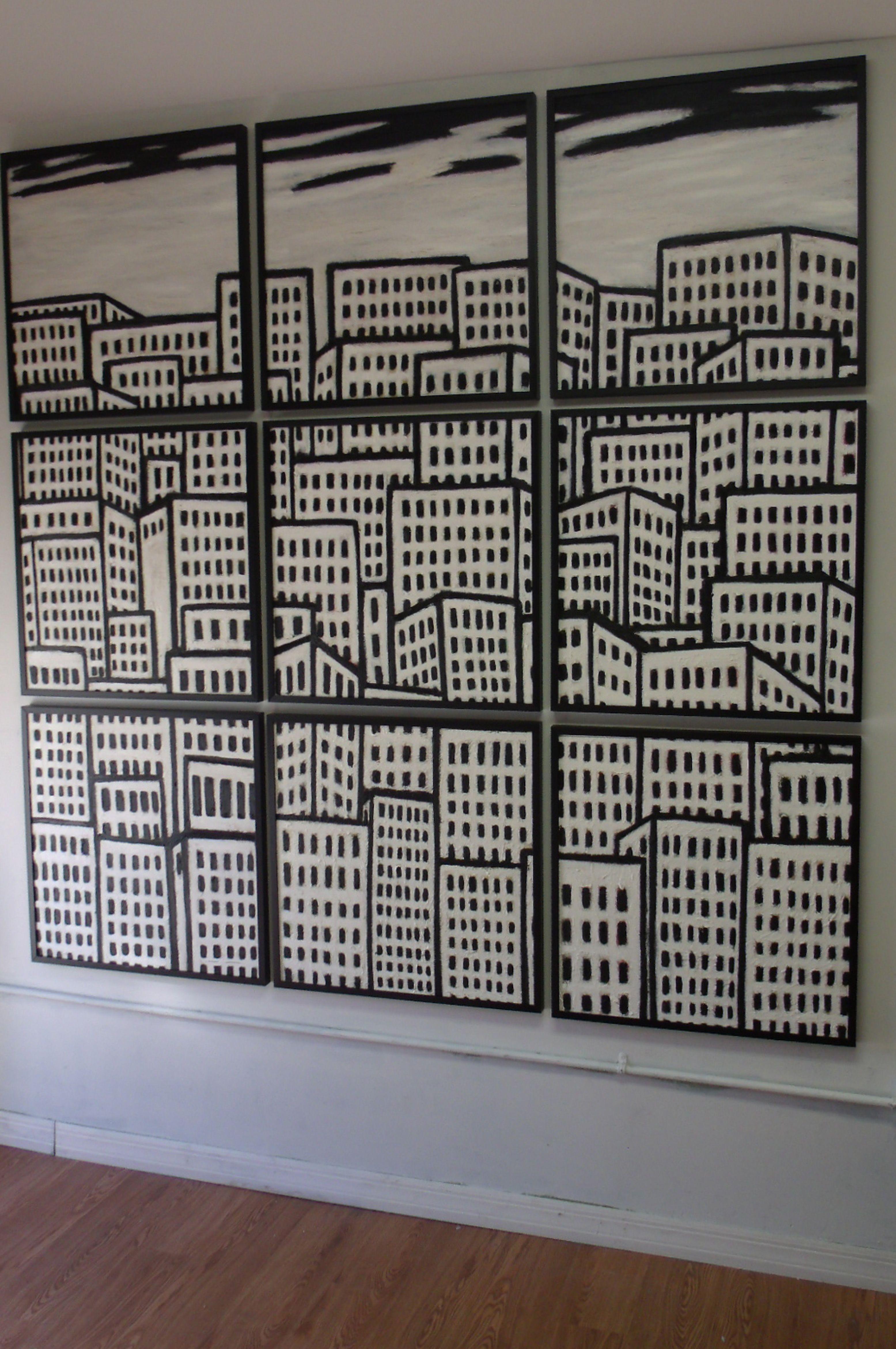 Urban Patterns, 9-Panel, FREE SHIPPING/Cont. USA, Painting, Oil on Wood Panel For Sale 2