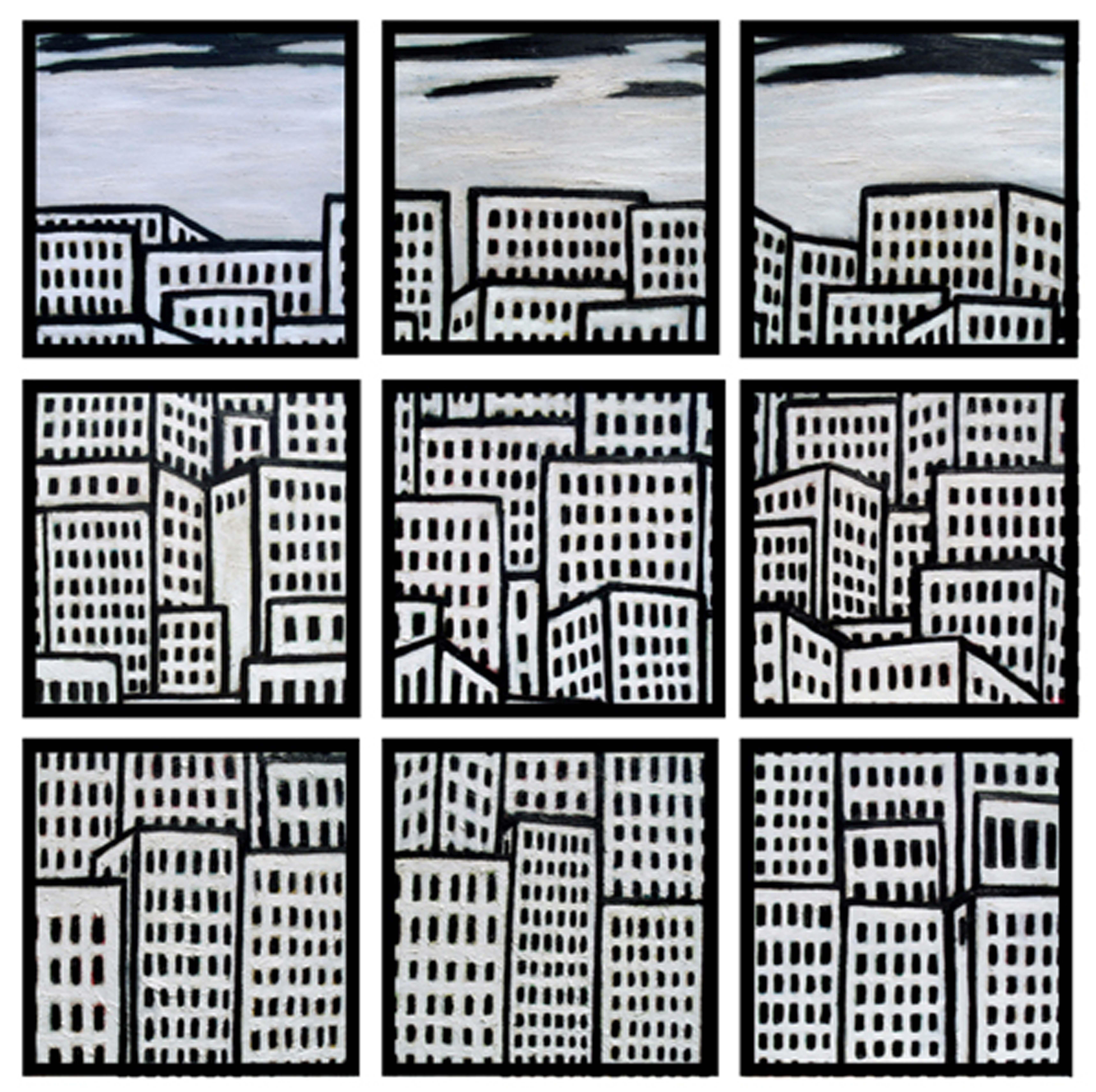 "Urban Patterns 9-panel" Polyptych, part of Urban Patterns, bold, textured and Black & White Oil.  Panels individually framed, (9) 24in x 24in each and allow for 1-inch spacing totaling 75in x 75in.    Note: The room mock-ups the painting is shown