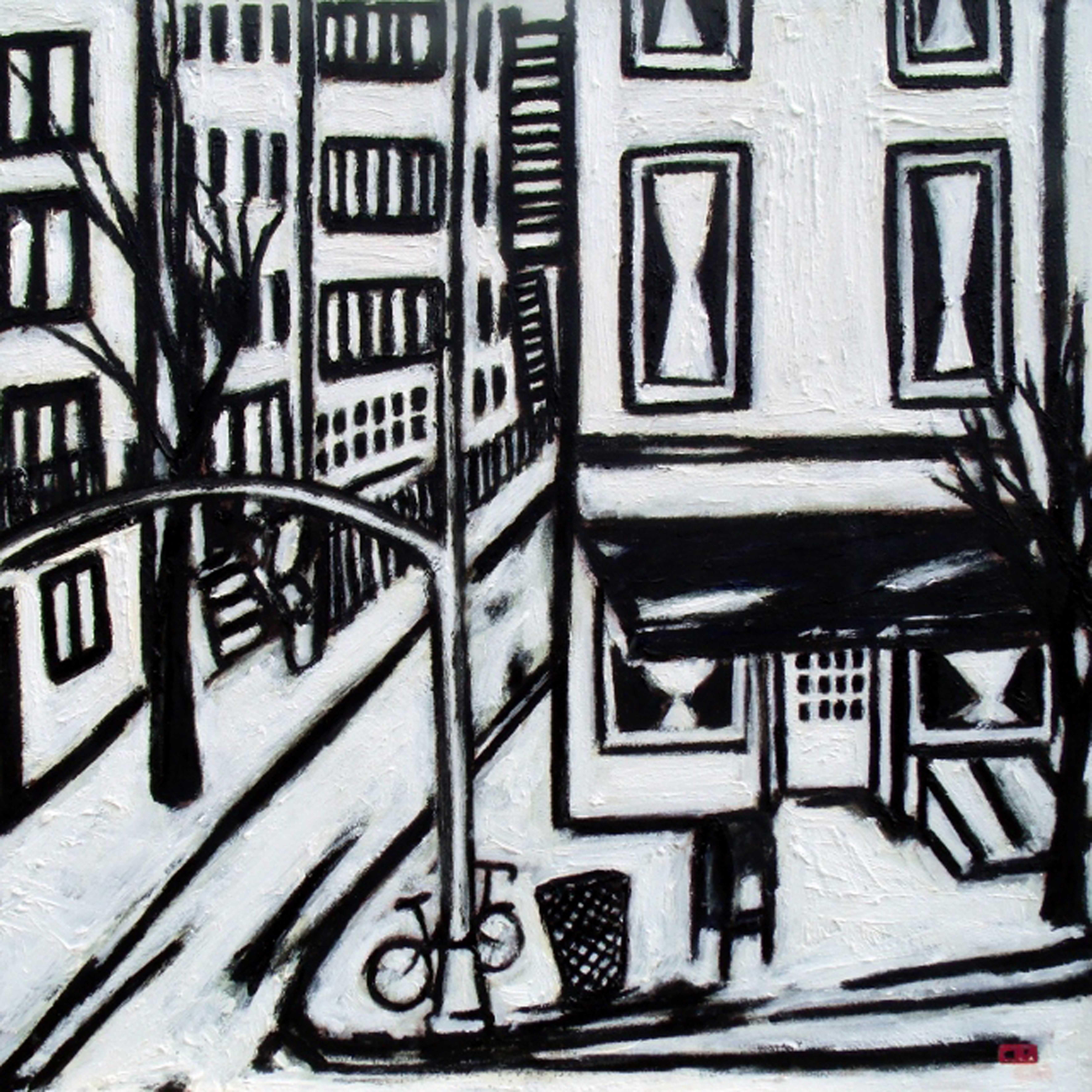 "Bakery", part of Urban Patterns, bold, textured and Black & White Oil.  Panel individually framed 24in x 24in    Note: The room mock-ups the painting is shown is often not in proportion and may show larger.  This is a visual guideline only. Refer