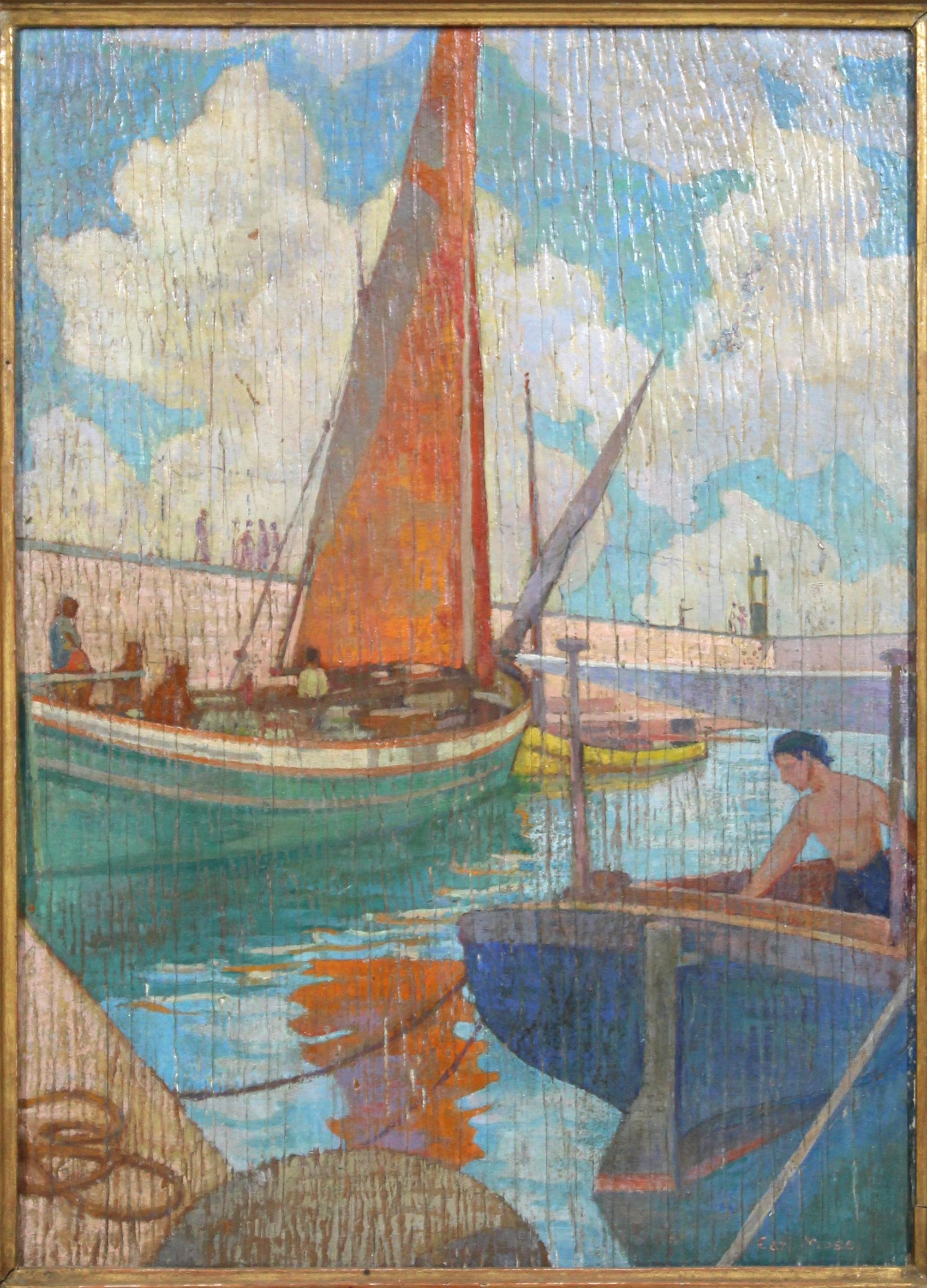 Austrian early Modernist oil on wood panel painting by Austrian painter and graphic artist Carl Moser (1873-1939). The piece depicts a port scene with sailing boats and was made in the 1900s. Signed in the lower right corner. In great antique