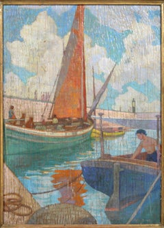 Carl Moser Austrian Modernist Port Scene Oil Painting