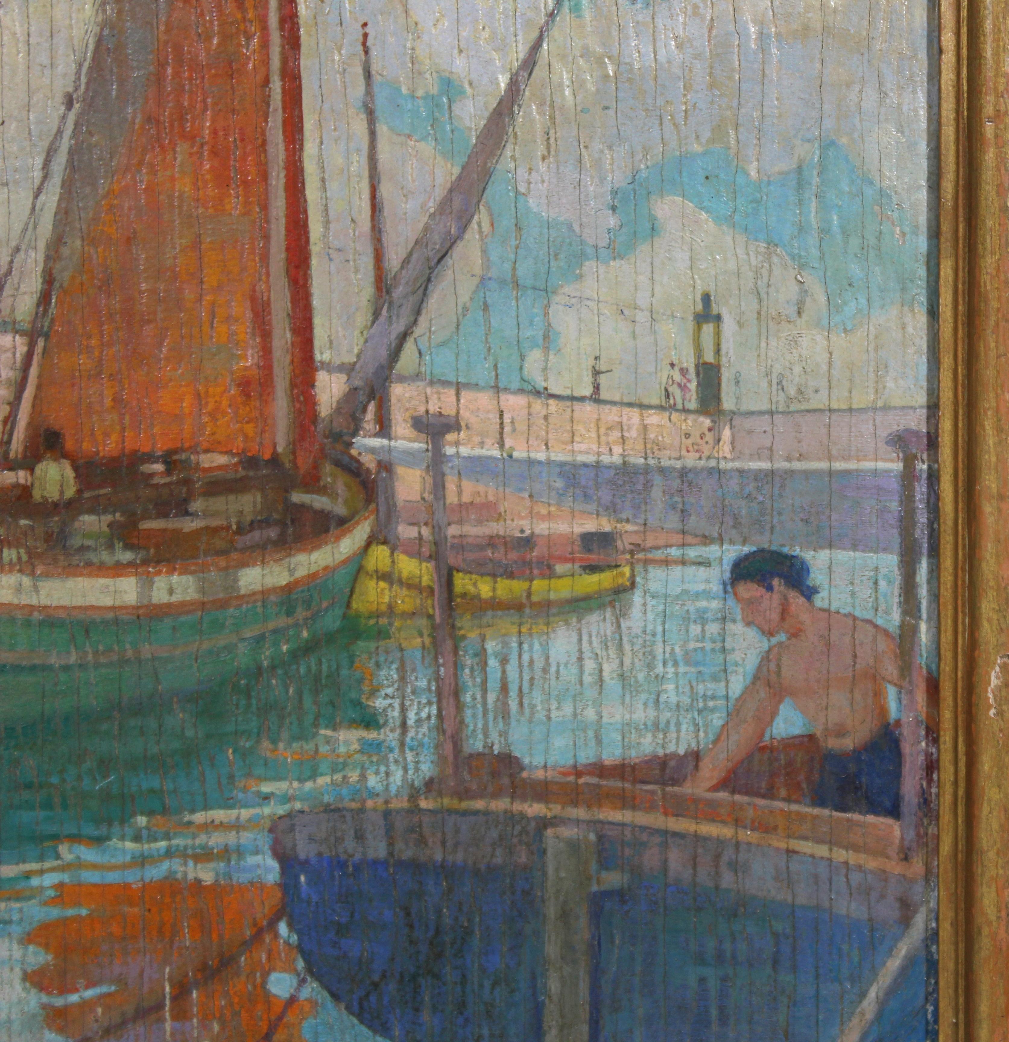 Jugendstil Carl Moser Austrian Modernist Port Scene Oil Painting