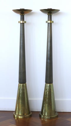 Carl Moser Studios Standing Floor Candle Holders in Brass and Wood, Switzerland
