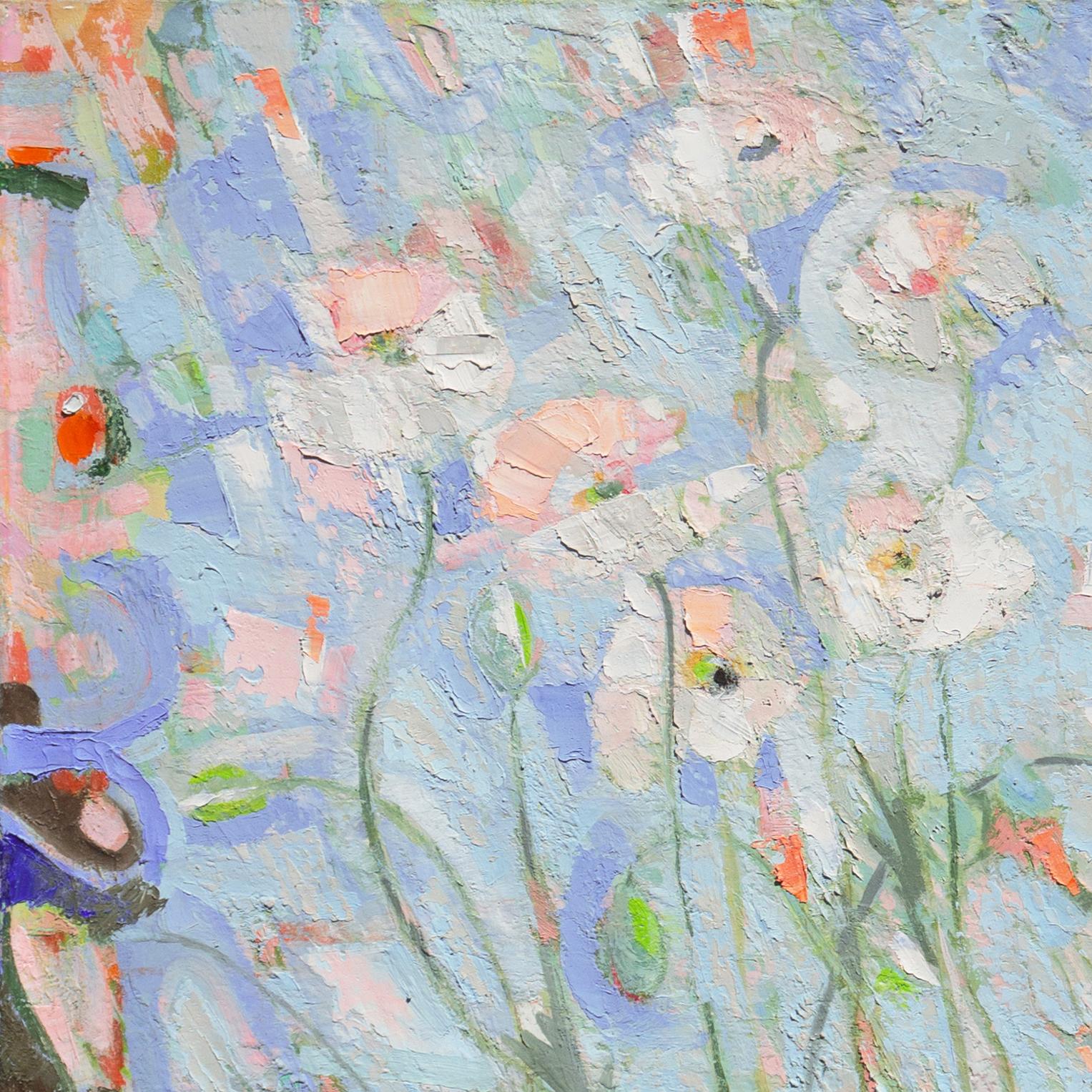 Signed lower right, 'C G Nelson' for Carl Gustaf Simon Nelson (American, 1898-1988) and dated 1956.

A substantial, Modernist oil showing a profusion of white and pink poppies contrasted against a sky-blue background.

This painter, graphic artist