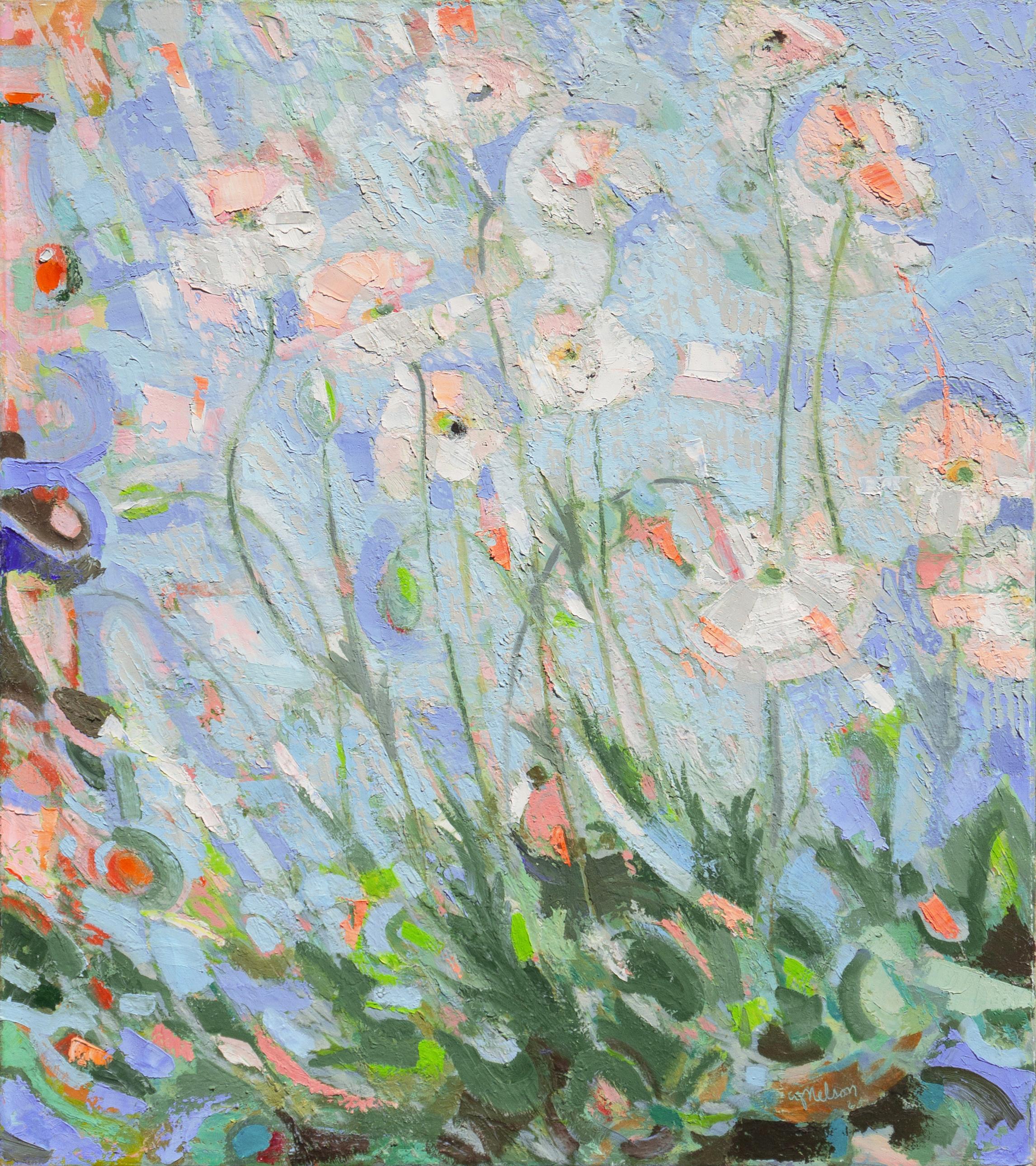 Still-Life Painting di Carl Nelson - Papaveri rosa e bianchi sotto cieli blu", Whitney Museum, PAFA, AIC, ASL, ICA