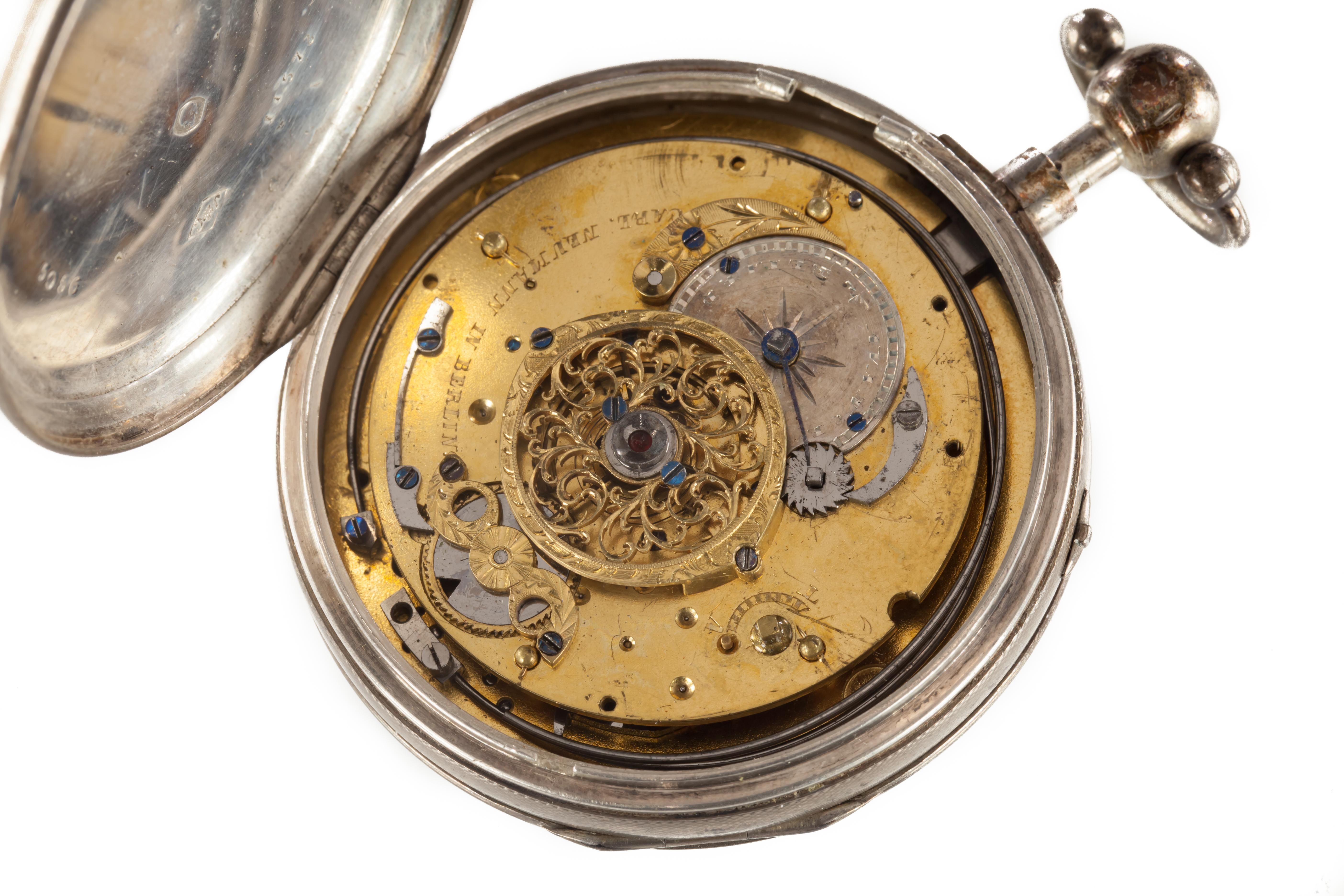 Carl Neumann von Berlin Silber-Taschenuhr mit Schlüsselanhänger, kompliziertes Uhrwerk Herren im Angebot