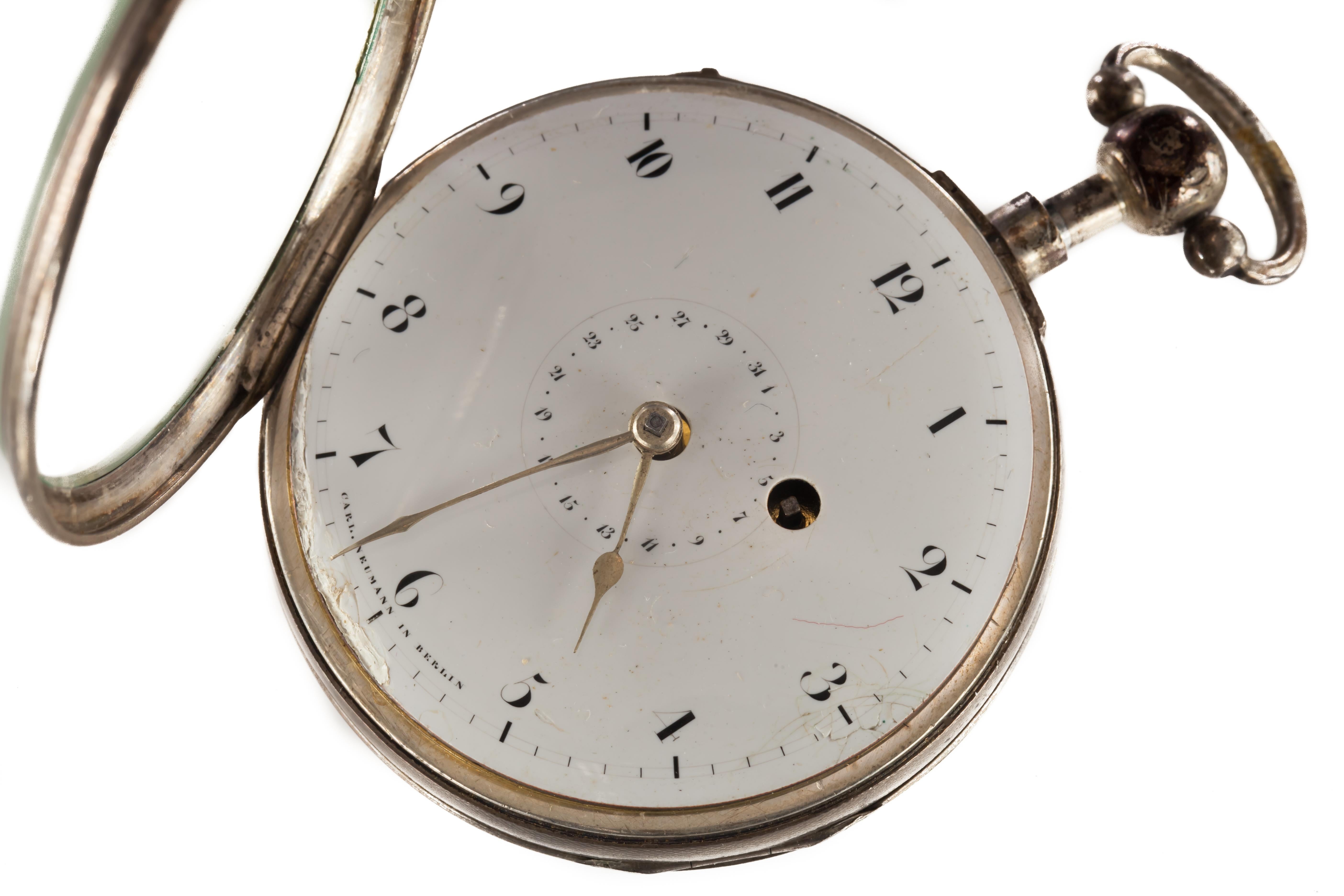 Carl Neumann of Berlin Silver Key-Wind Pocket Watch Intricate Movement In Fair Condition For Sale In Sherman Oaks, CA