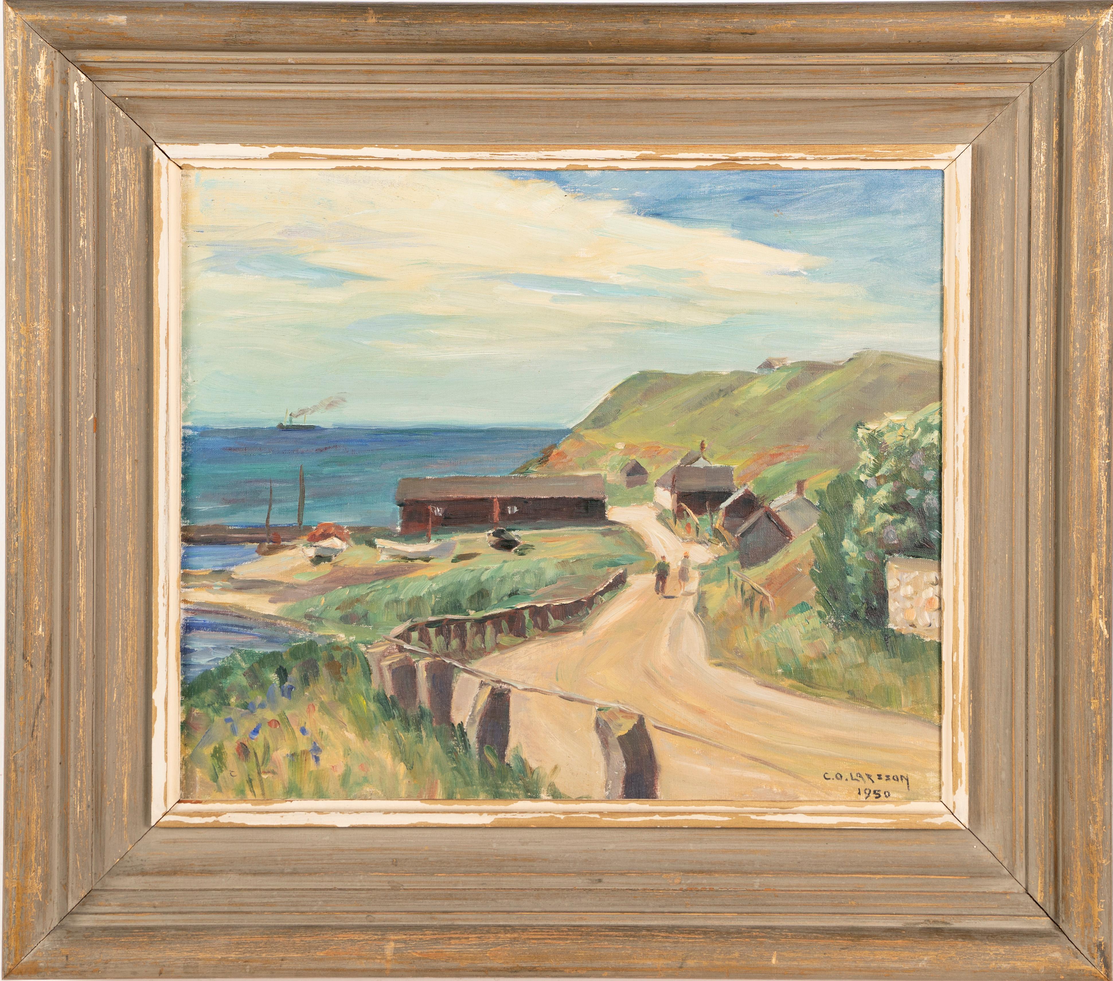 Vintage Signed Framed Swedish Coastal Fishing Seascape Original Oil Painting - Brown Landscape Painting by Carl Oskar Larsson