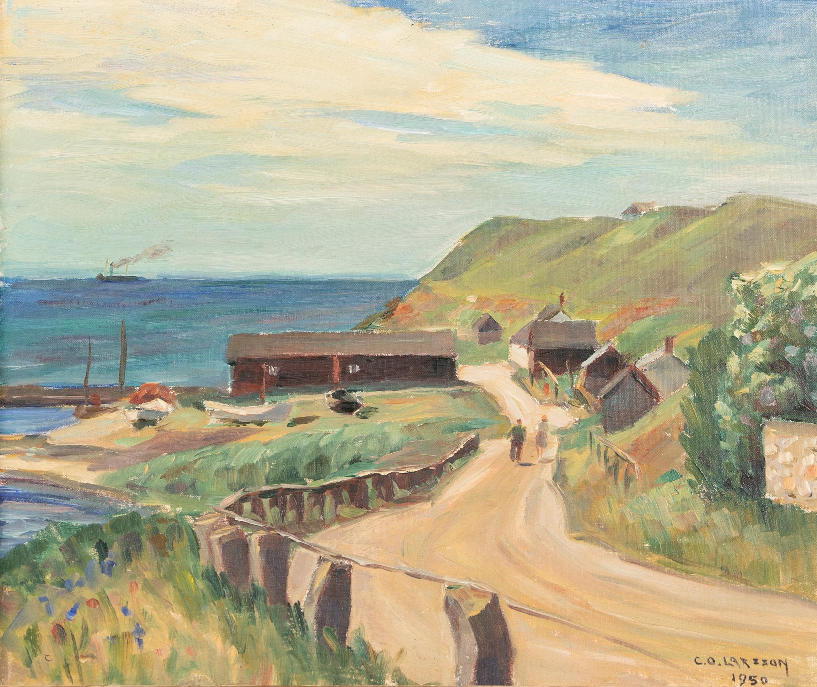 Antique Swedish fishing village coastal painting by Carl Oskar Larsson (1887 - 1962).  Oil on board, circa 1950.  Signed.  Image size, 18L x 15H.  Housed in a period modern frame.
