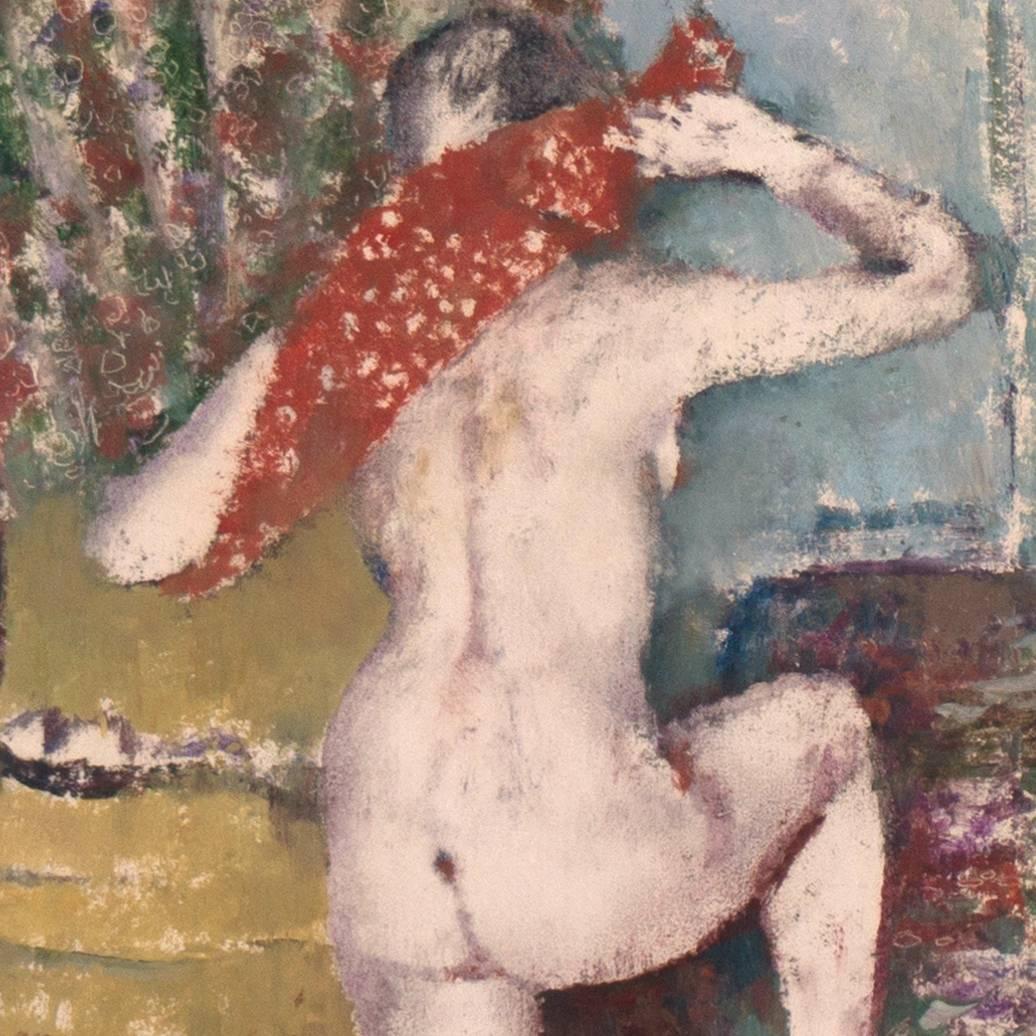 'The Red Hand-Towel' Munich School, Impressionist, Dortmund Kunstakademie, Paris - Brown Interior Painting by Carl Otto Müller