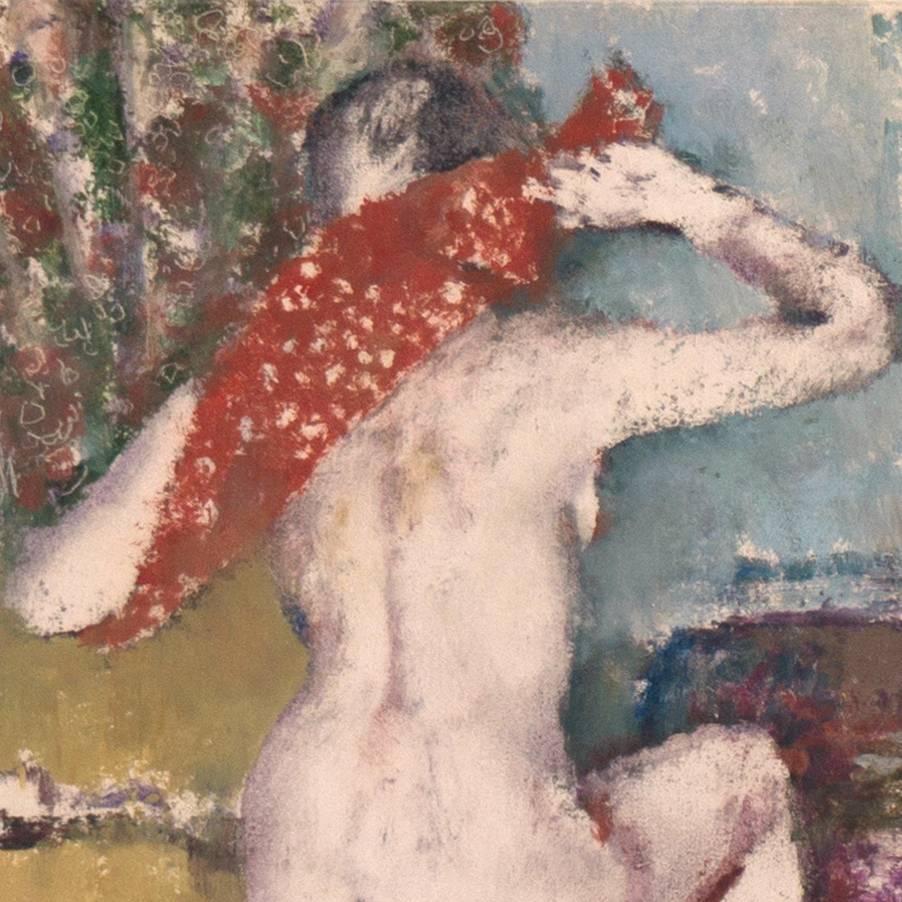 After the Bath, Bathing Nude, Woman Drying
'The Red Hand-Towel' by Carl Otto Müller, 1969.
Munich School, Impressionist, Dortmund Kunstakademie, Paris
-----

Initialed lower left 'C.O.M.' for Carl Otto Müller (German, 1901-1970), and dated '69'.