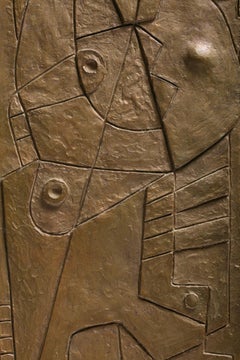 Carl Pappe Signed Cubist Bronze Plaques Mounted on Walnut Dated 1971