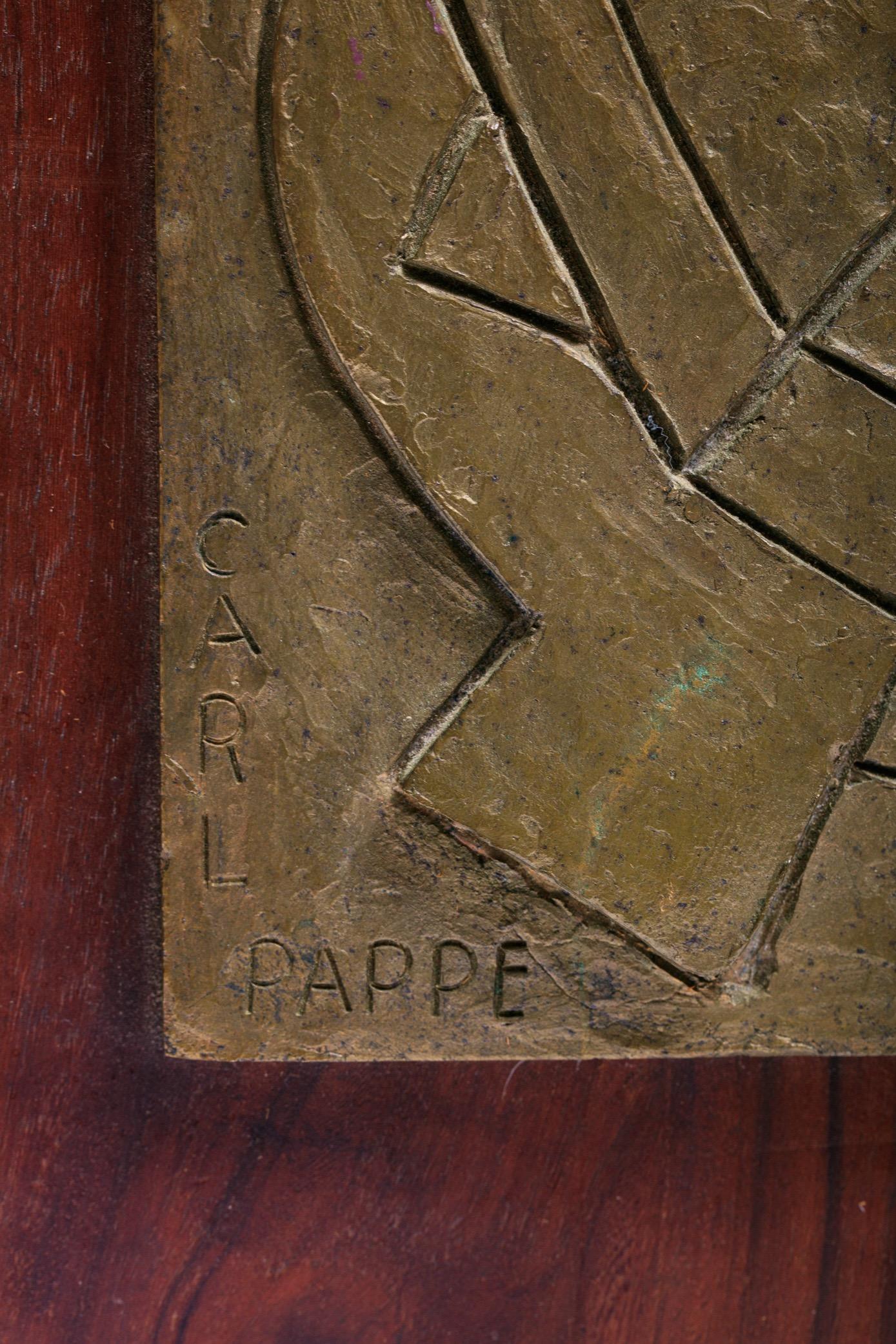 Modern Carl Pappe Signed Cubist Bronze Plaques Mounted on Walnut Dated 1971