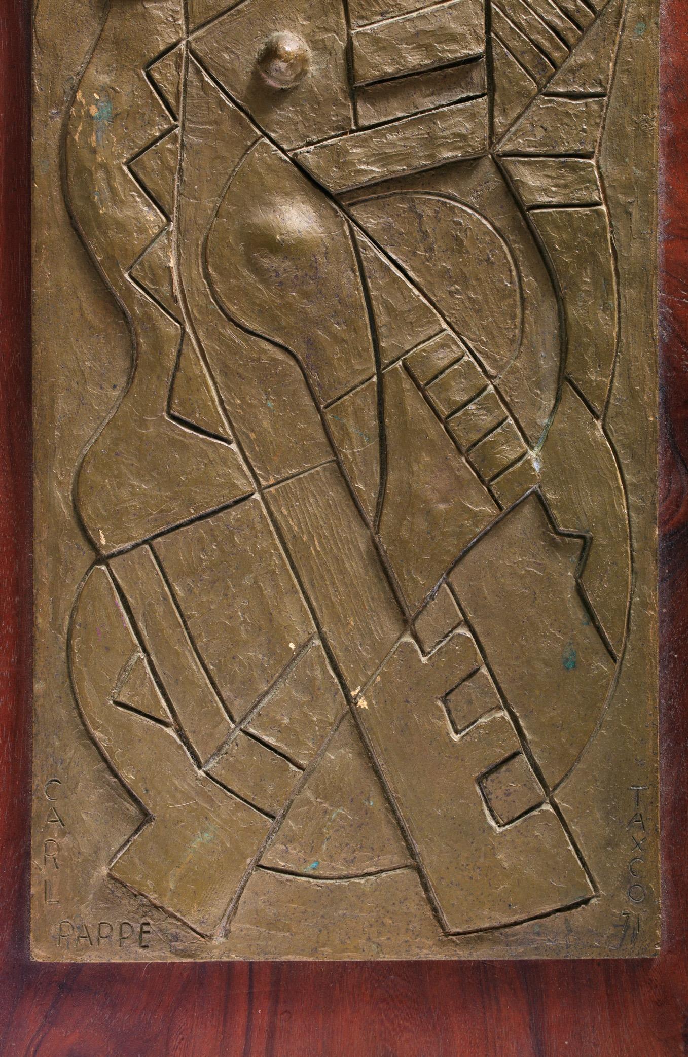 Carl Pappe Signed Cubist Bronze Plaques Mounted on Walnut Dated 1971 In Good Condition In Saint Louis, MO