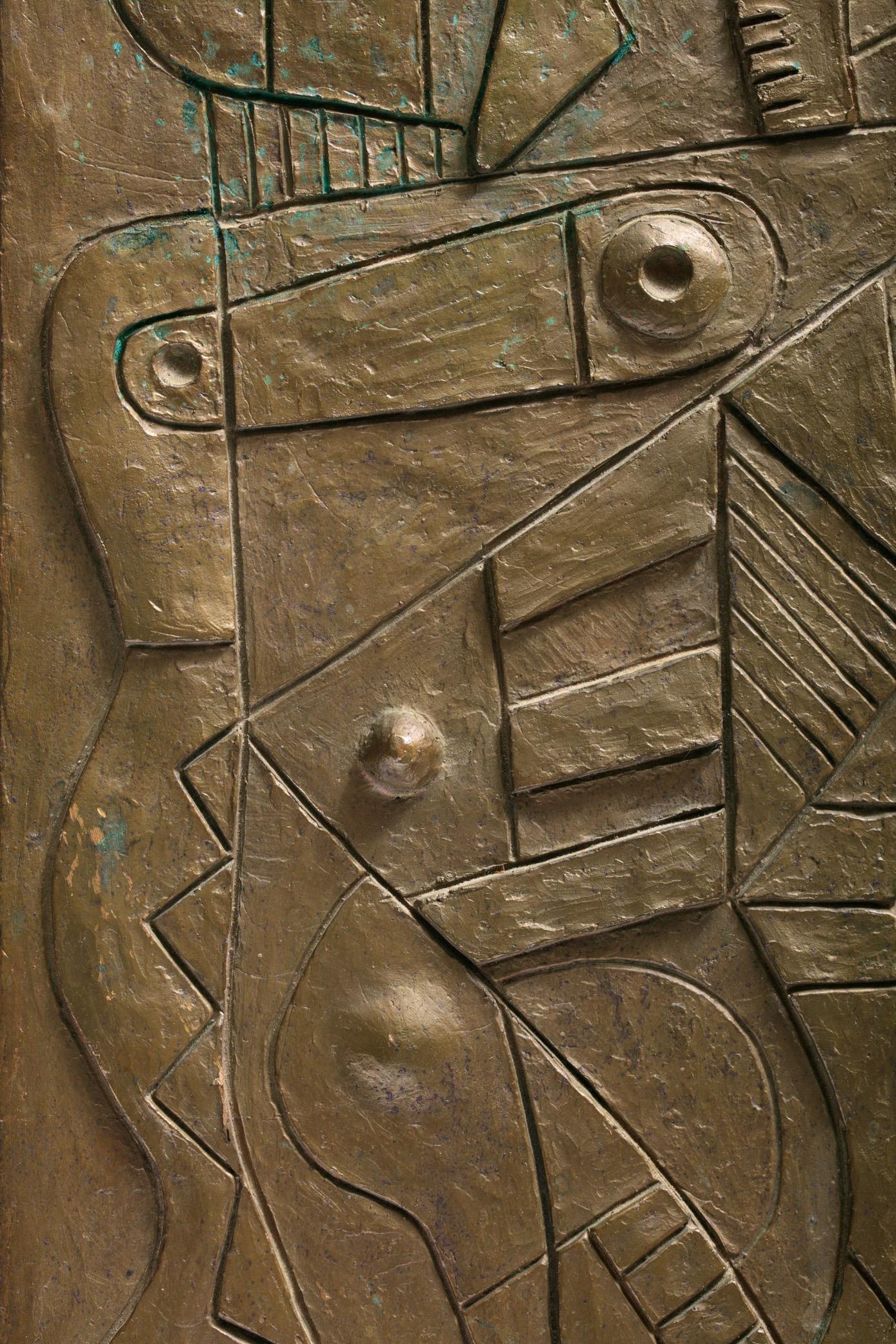Late 20th Century Carl Pappe Signed Cubist Bronze Plaques Mounted on Walnut Dated 1971