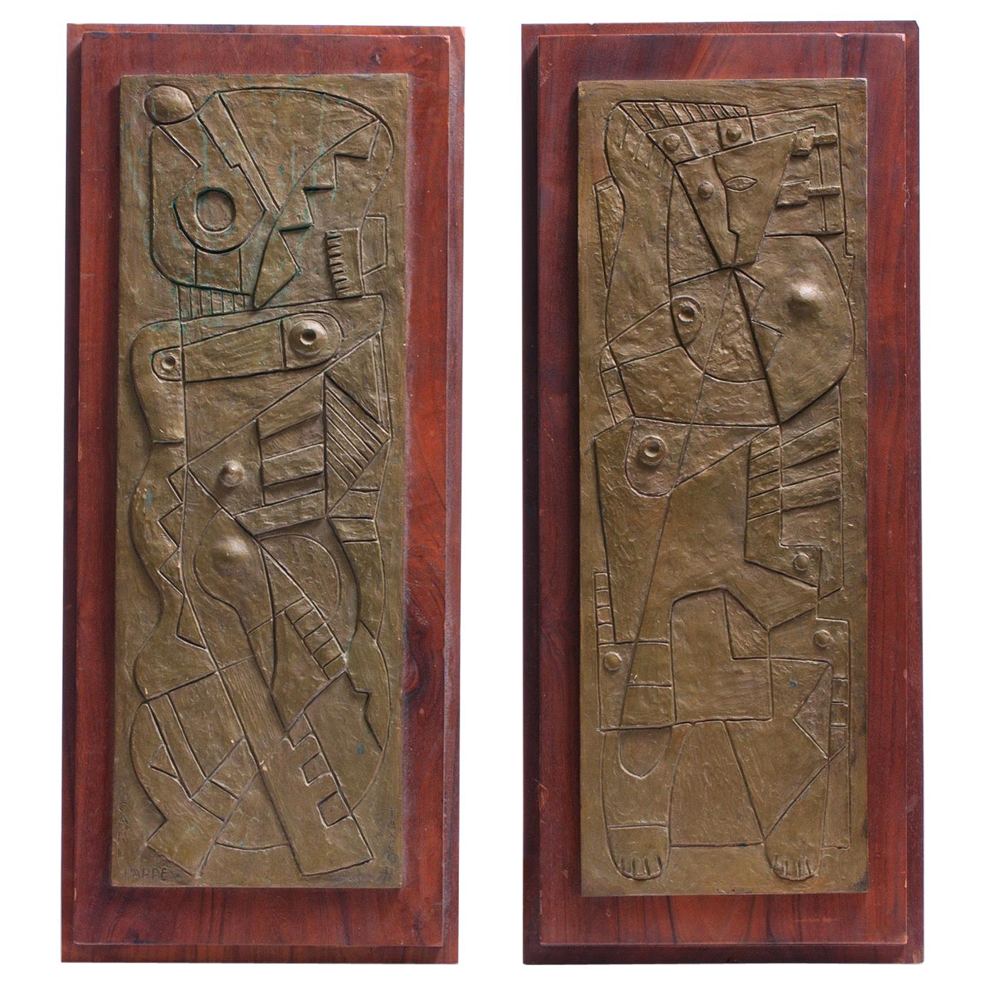 Carl Pappe Signed Cubist Bronze Plaques Mounted on Walnut Dated 1971