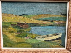 Mid Century Danish Impressionist River landscape, Fishermans boat, Riverside