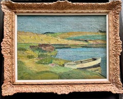 Mid Century Danish Impressionist River landscape, Fishermans boat, Riverside