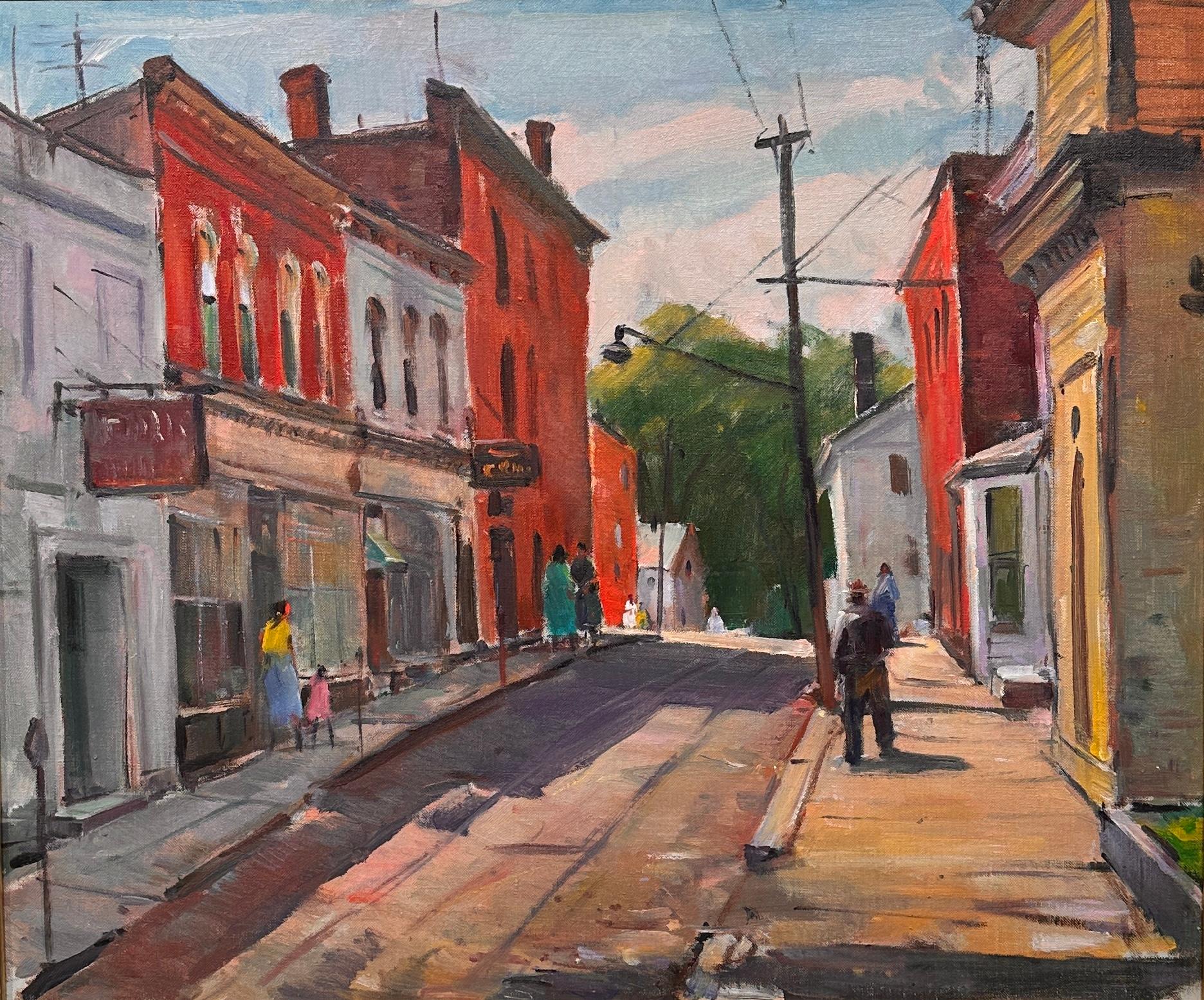 Carl Peters Landscape Painting - "Sidewalk Downtown" - Cape Ann Artist, Street Scene in Gloucester, MA