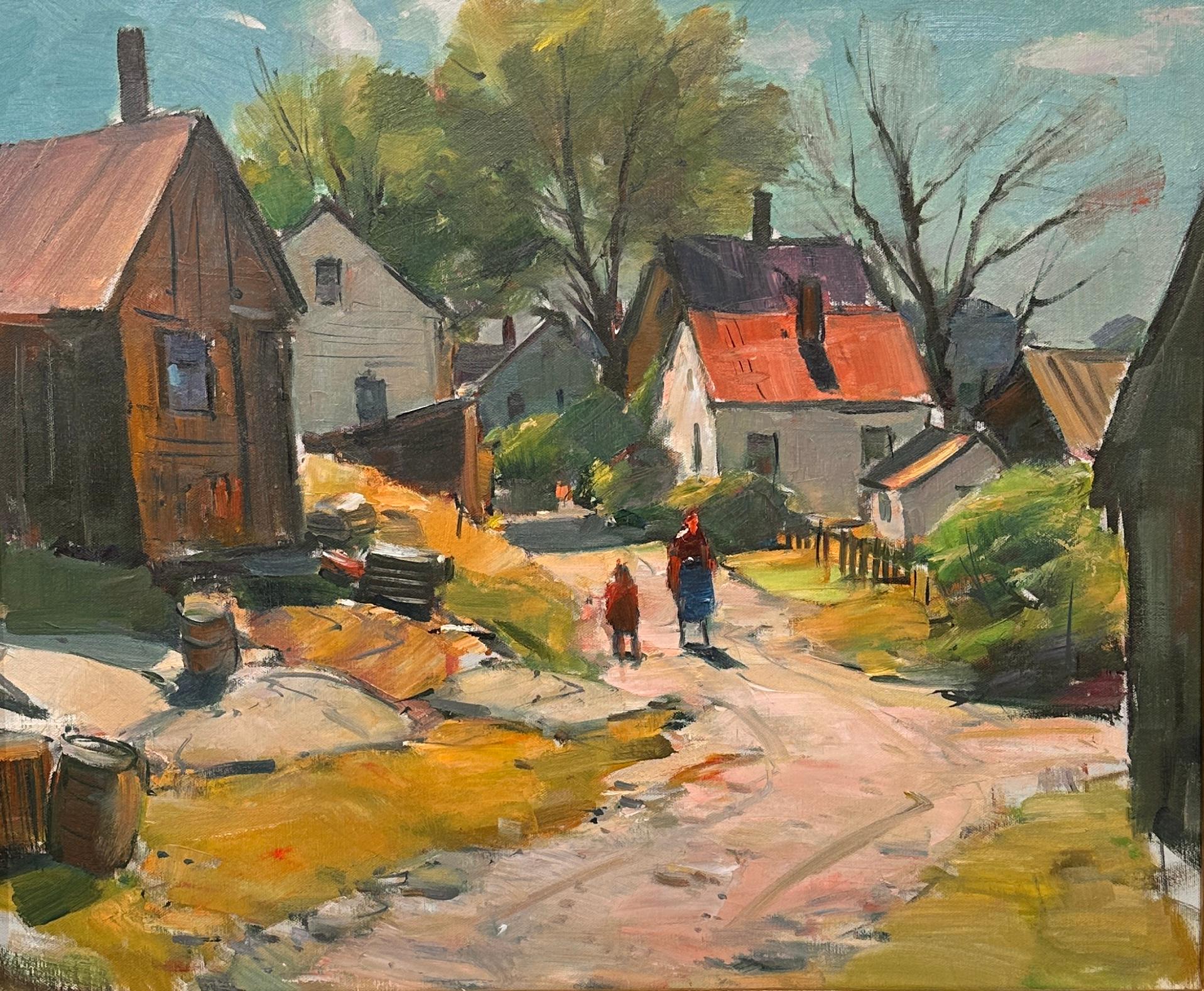 Carl Peters Landscape Painting - "Walking Past The Houses" Landscape, Figures, Cape Ann Artist, Rochester, NY