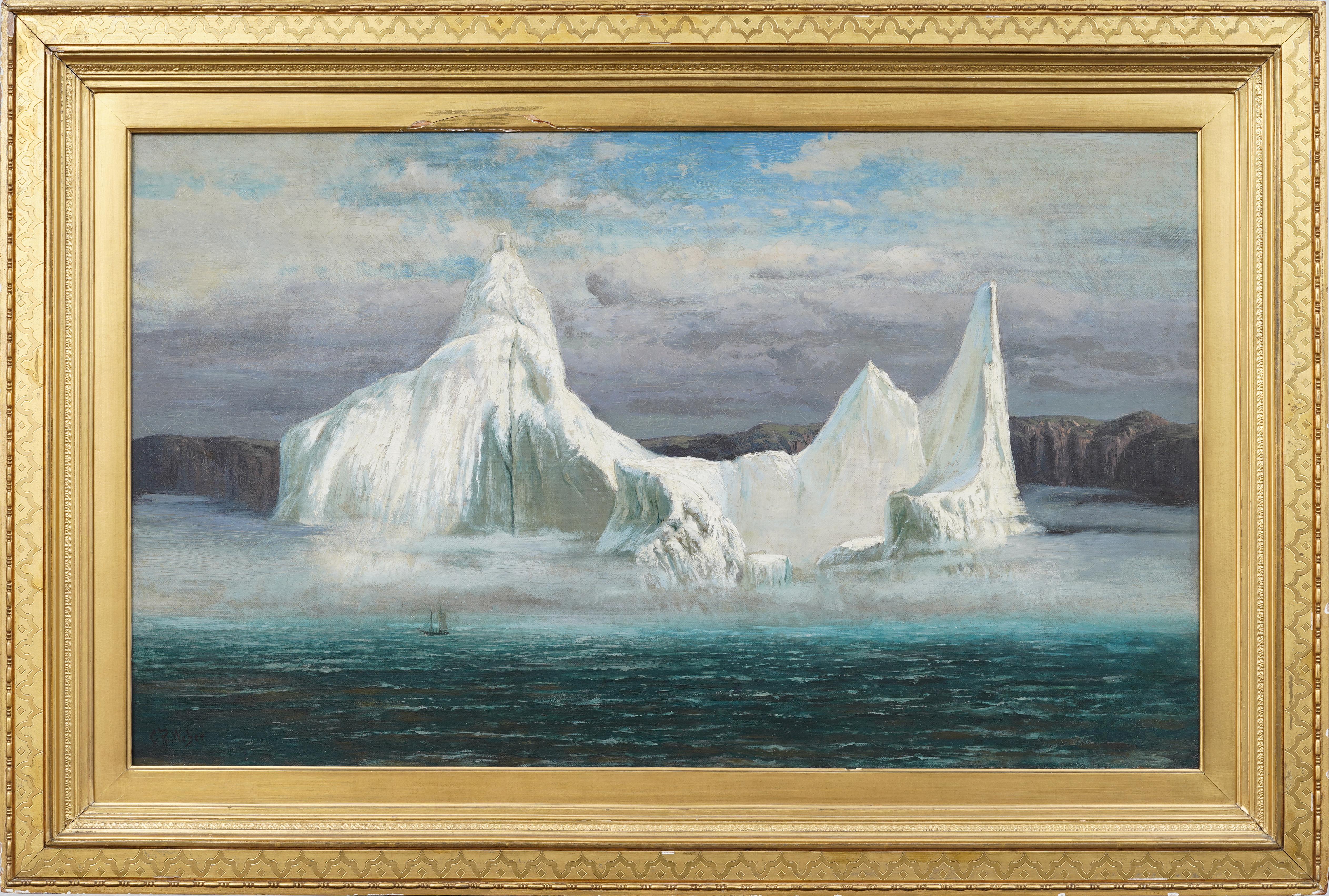 Storico e raro paesaggio marino con iceberg dell'Artico del XIX secolo, incorniciato in un dipinto d'inverno - Painting di Carl Philipp Weber (1849 - 1922)