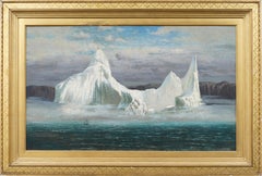 Histórico y raro paisaje marino con icebergs árticos del siglo XIX Pintura invernal enmarcada