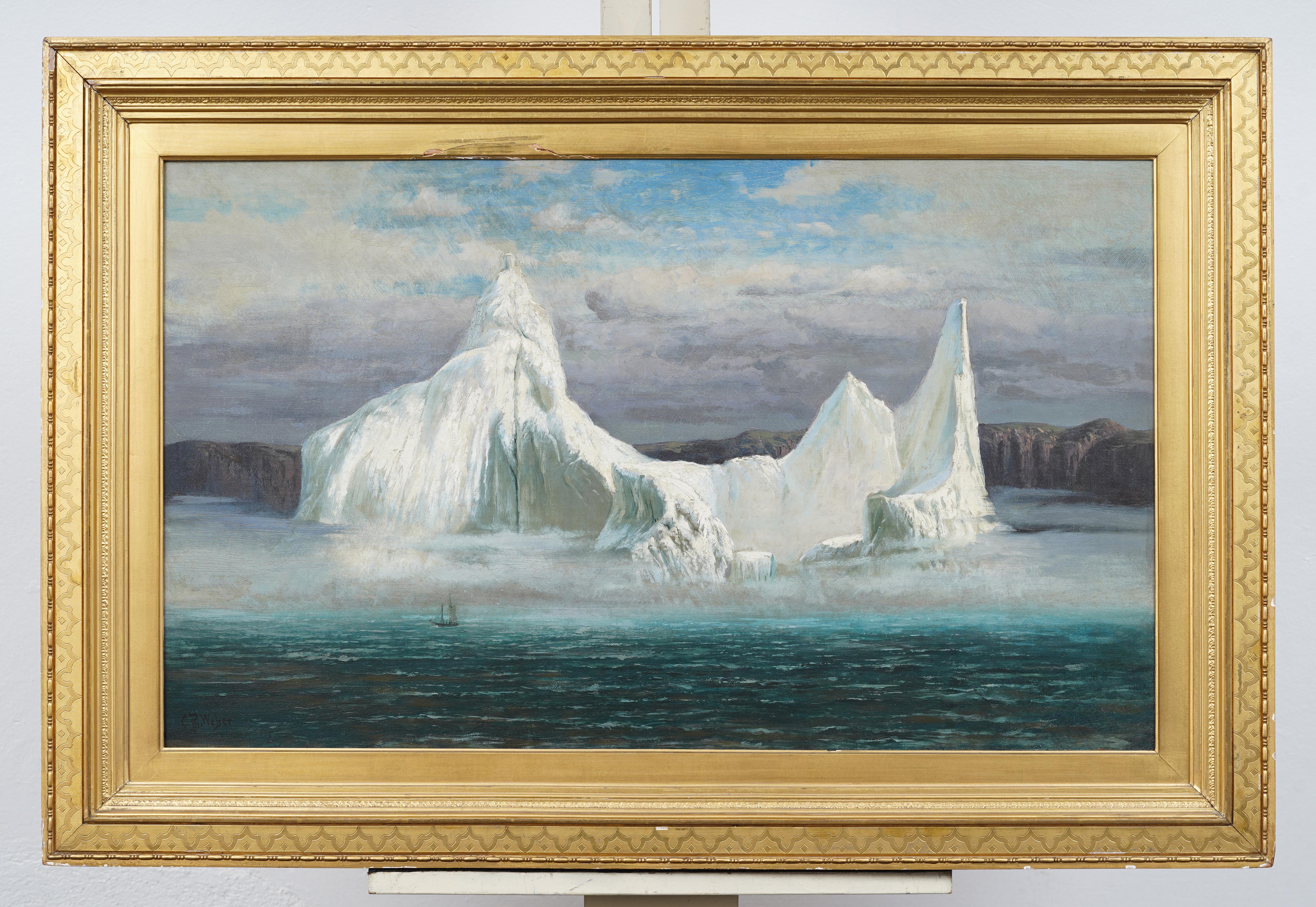 Storico e raro paesaggio marino con iceberg dell'Artico del XIX secolo, incorniciato in un dipinto d'inverno - Painting Hudson River School di Carl Philipp Weber (1849 - 1922)