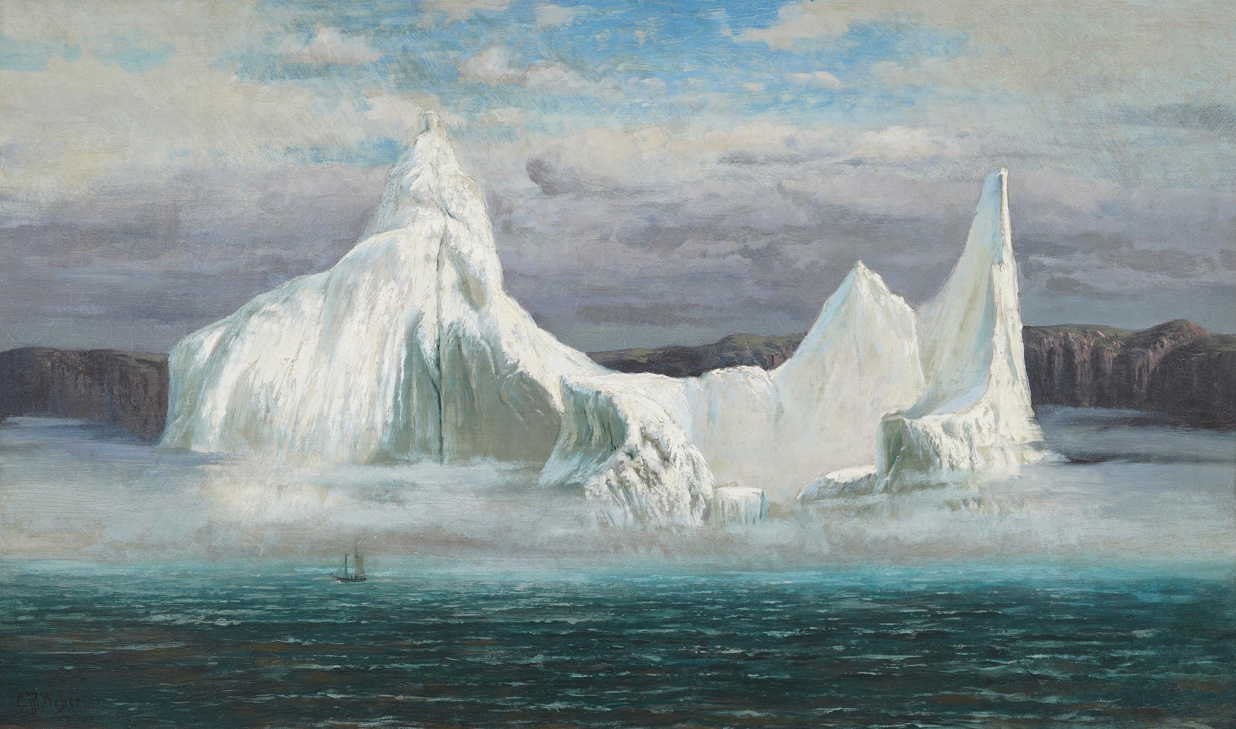 Storico e raro paesaggio marino con iceberg dell'Artico del XIX secolo, incorniciato in un dipinto d'inverno - Landscape Painting Marrone di Carl Philipp Weber (1849 - 1922)