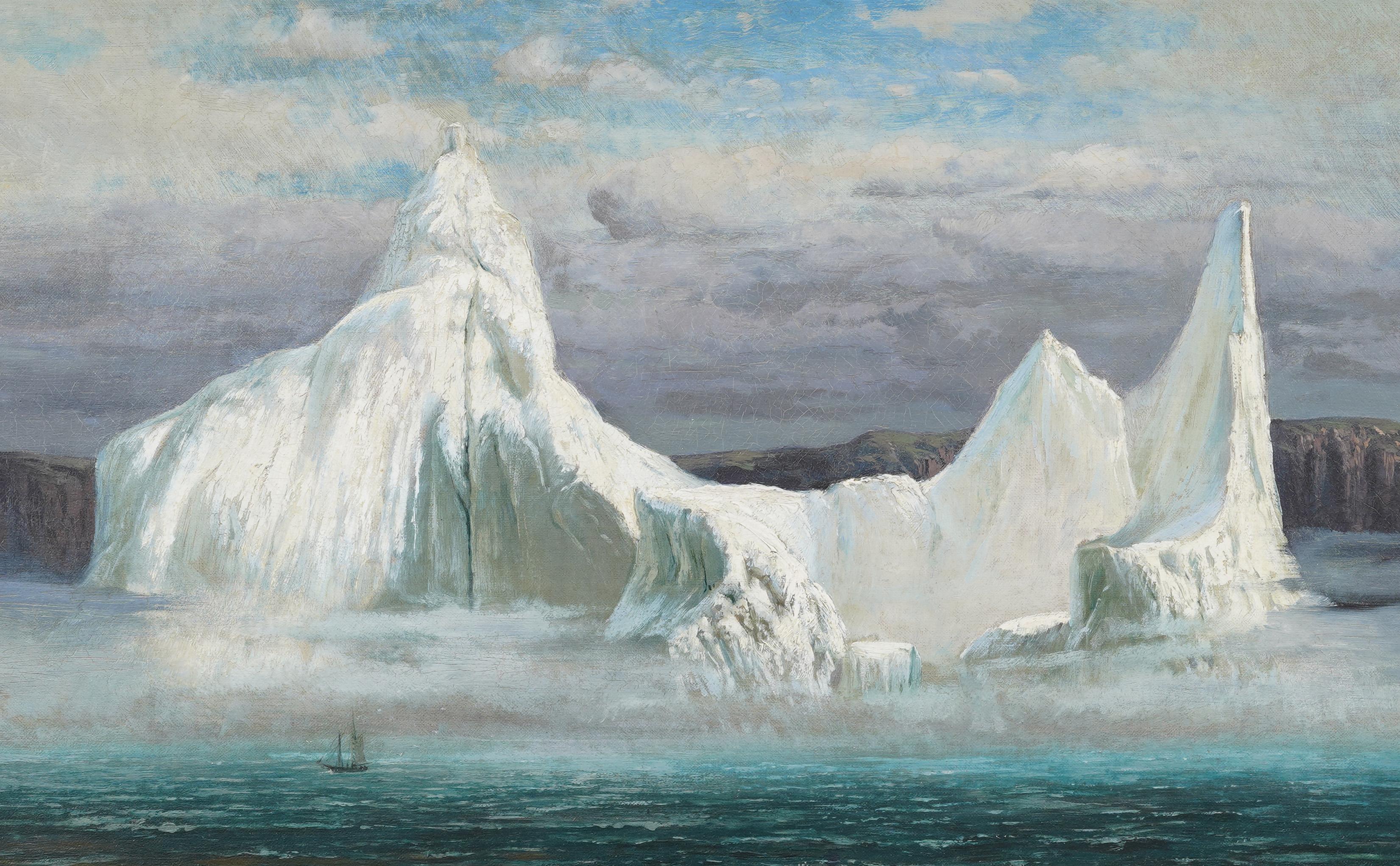 Antico paesaggio marino invernale americano con iceberg di Carl Philipp Weber (1849 - 1922).  Olio su tela.  Firmato. In eccellenti condizioni originali.  Incorniciato in una cornice d'epoca  modanature in legno dorato.  In condizioni eccellenti,
