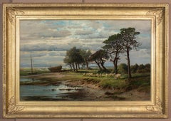 Grande peinture à l'huile représentant des moutons grattant par une banque de rivières