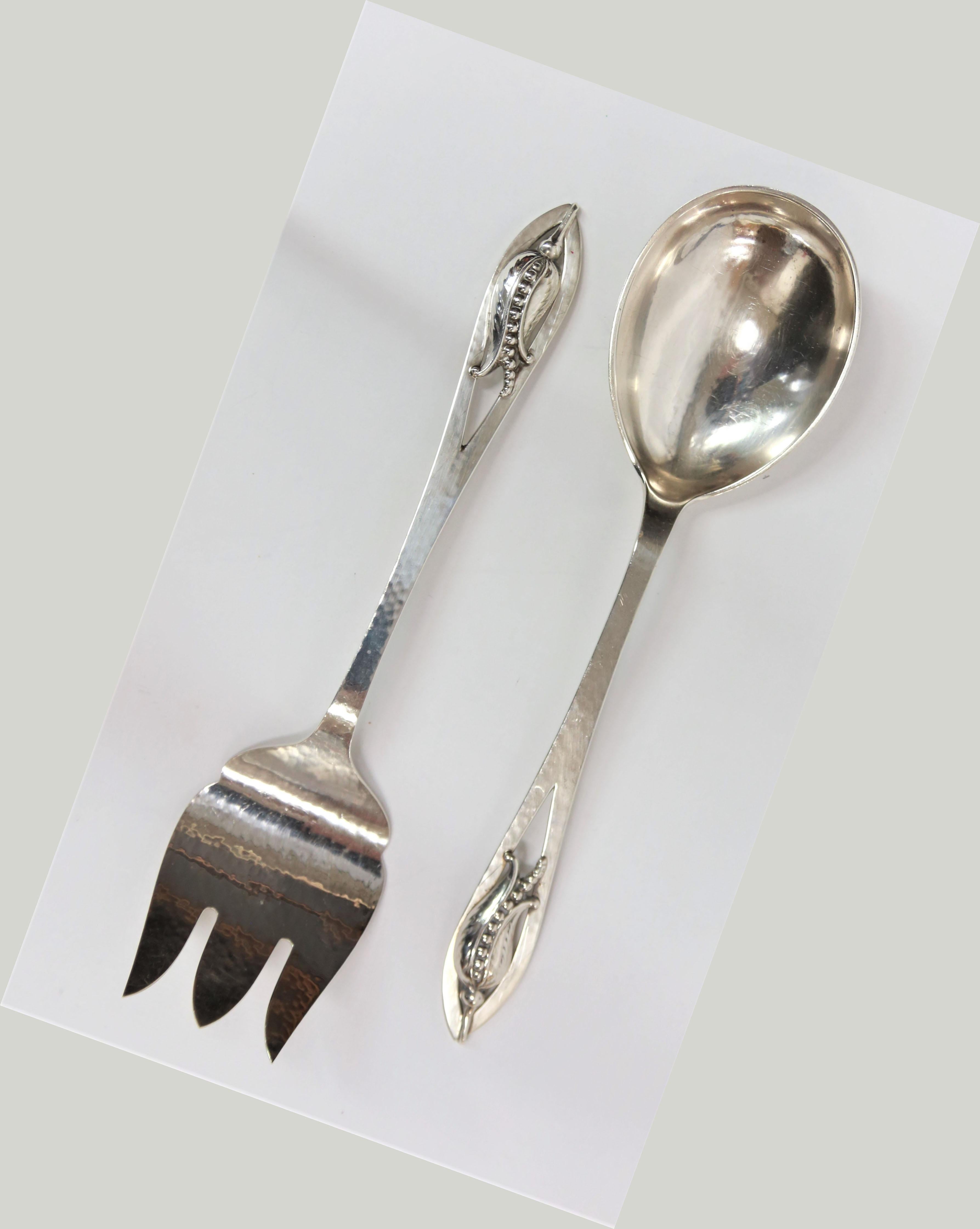 Post-Modern Carl Poul Petersen Sterling Silver Fork and Spoon Blossom Corn Flower Servers For Sale