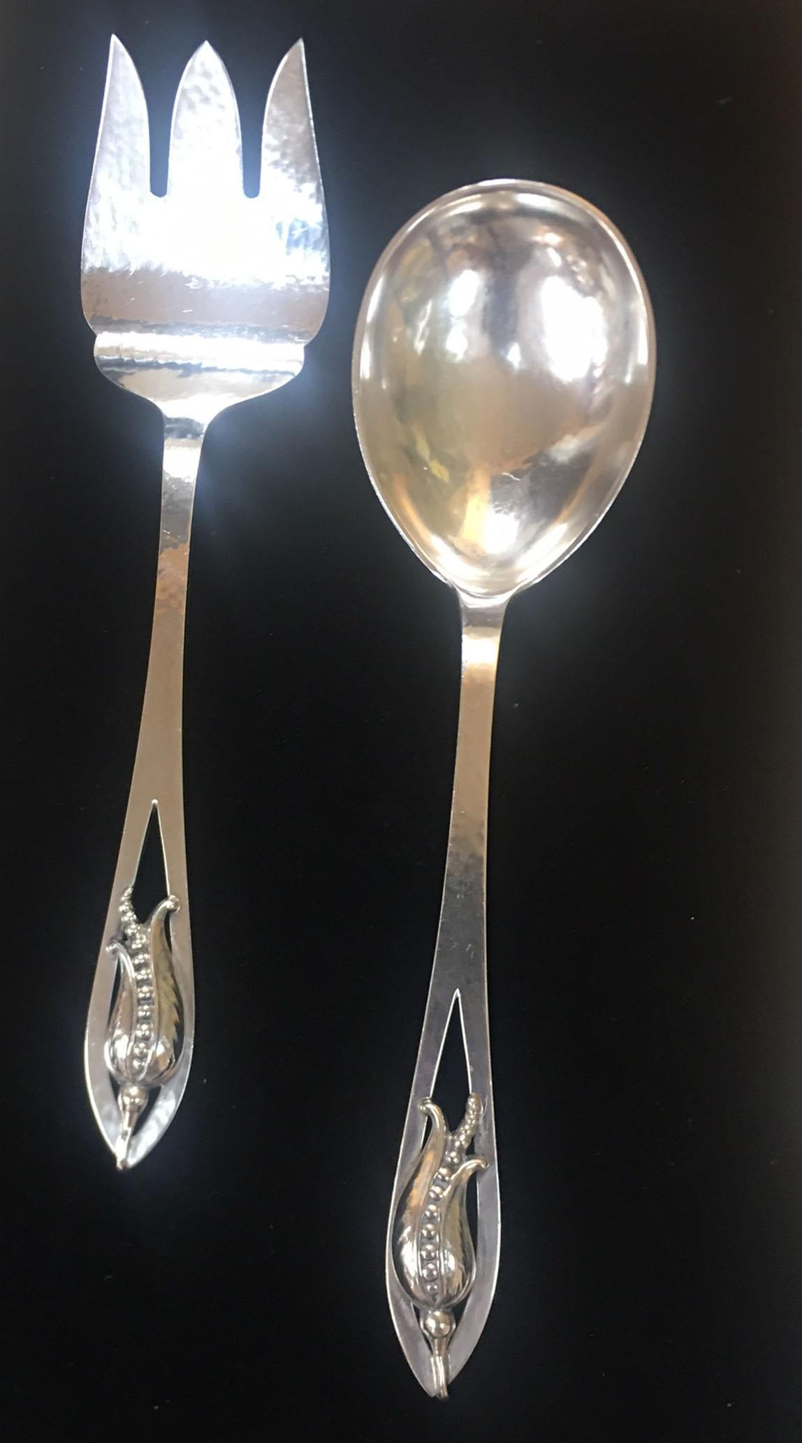 Canadian Carl Poul Petersen Sterling Silver Fork and Spoon Blossom Corn Flower Servers For Sale