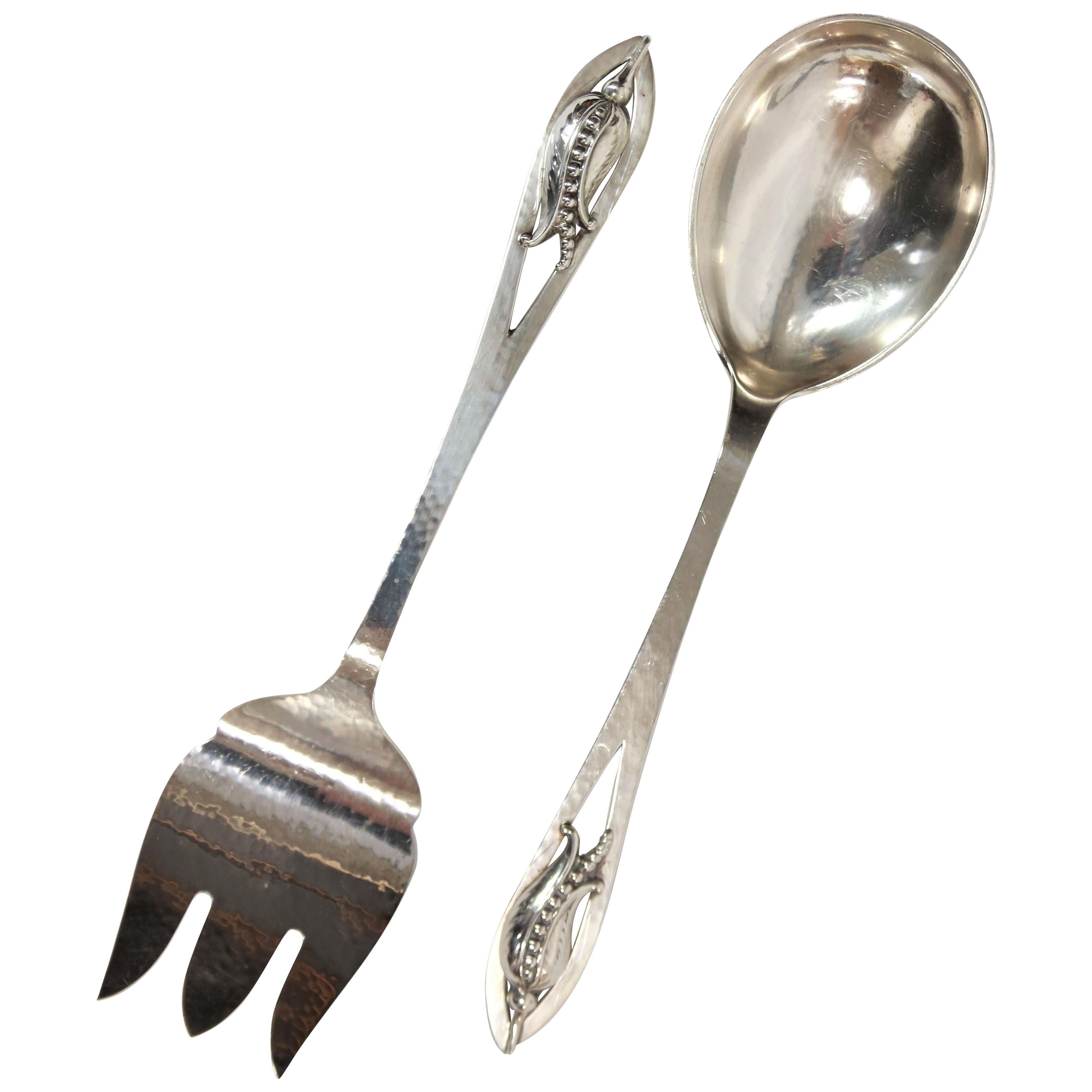 Carl Poul Petersen Sterling Silver Fork and Spoon Blossom Corn Flower Servers For Sale
