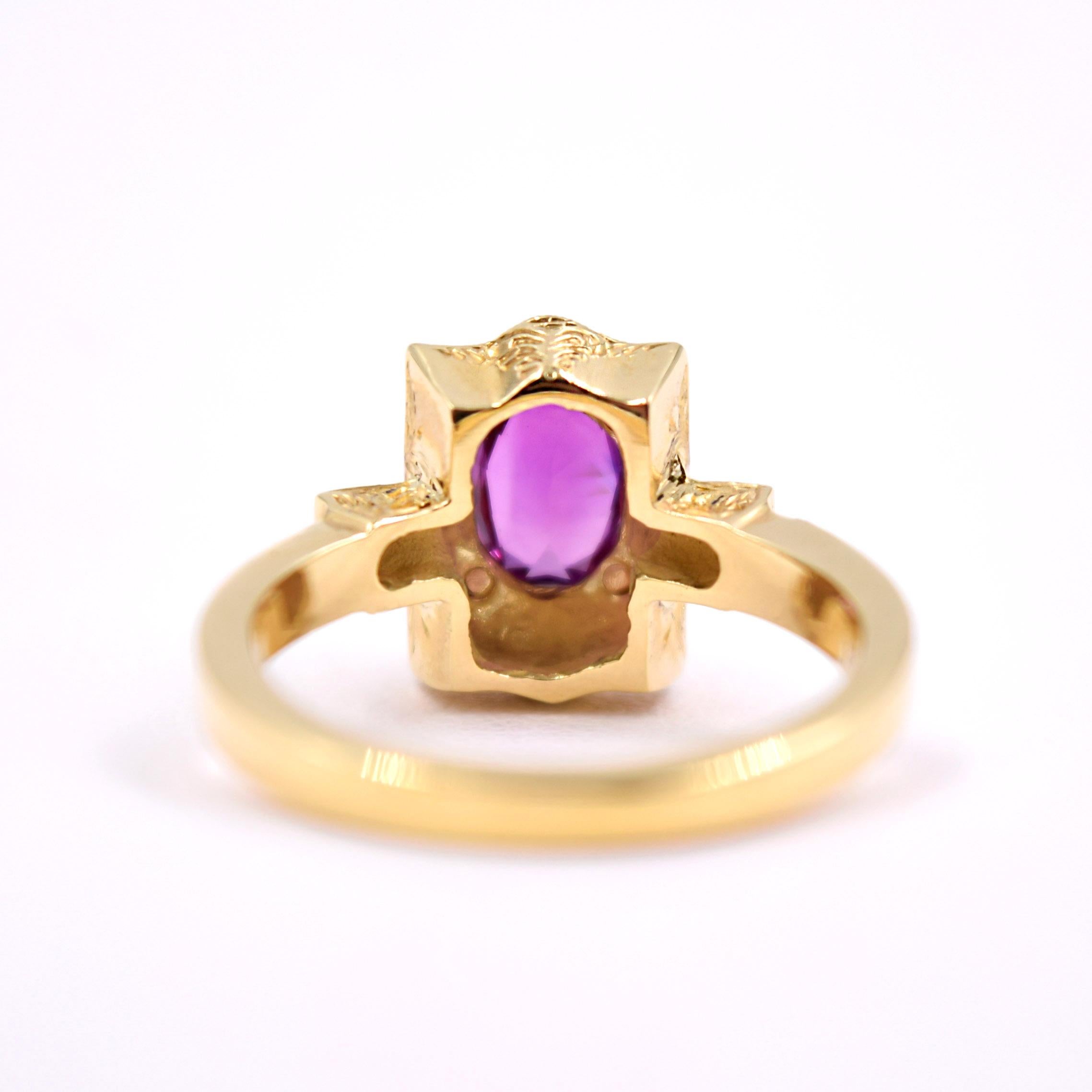 - victorian inspired design
- 1.10 carat faceted oval pink sapphire, vivid color
- .15 carats G VS diamonds pave set 
- features beautiful hand engraved details
- 18 karat yellow gold
- size 6.5 and can be sized