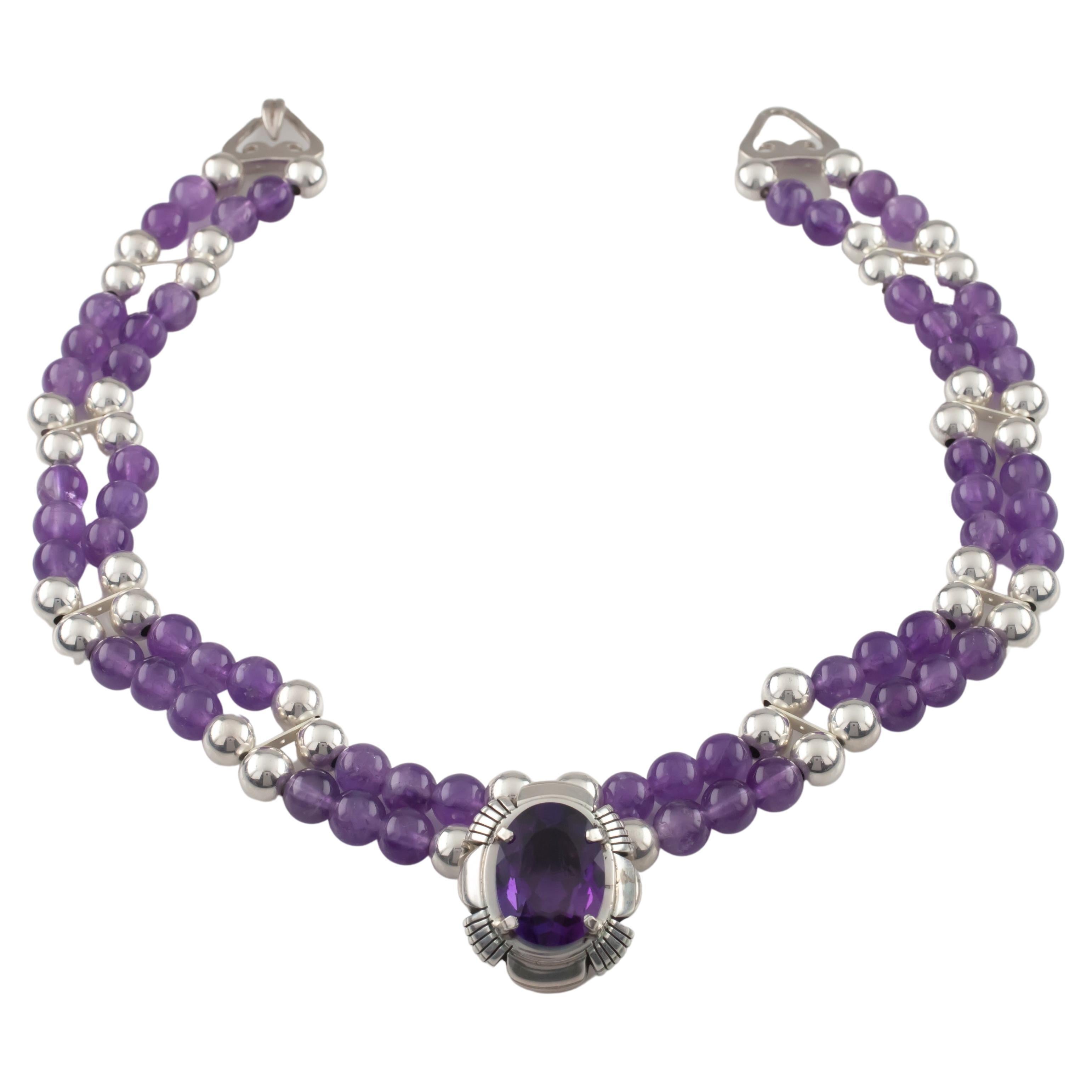 Carl Quintana Navajo Amethyst and Sterling Silver Necklace For Sale