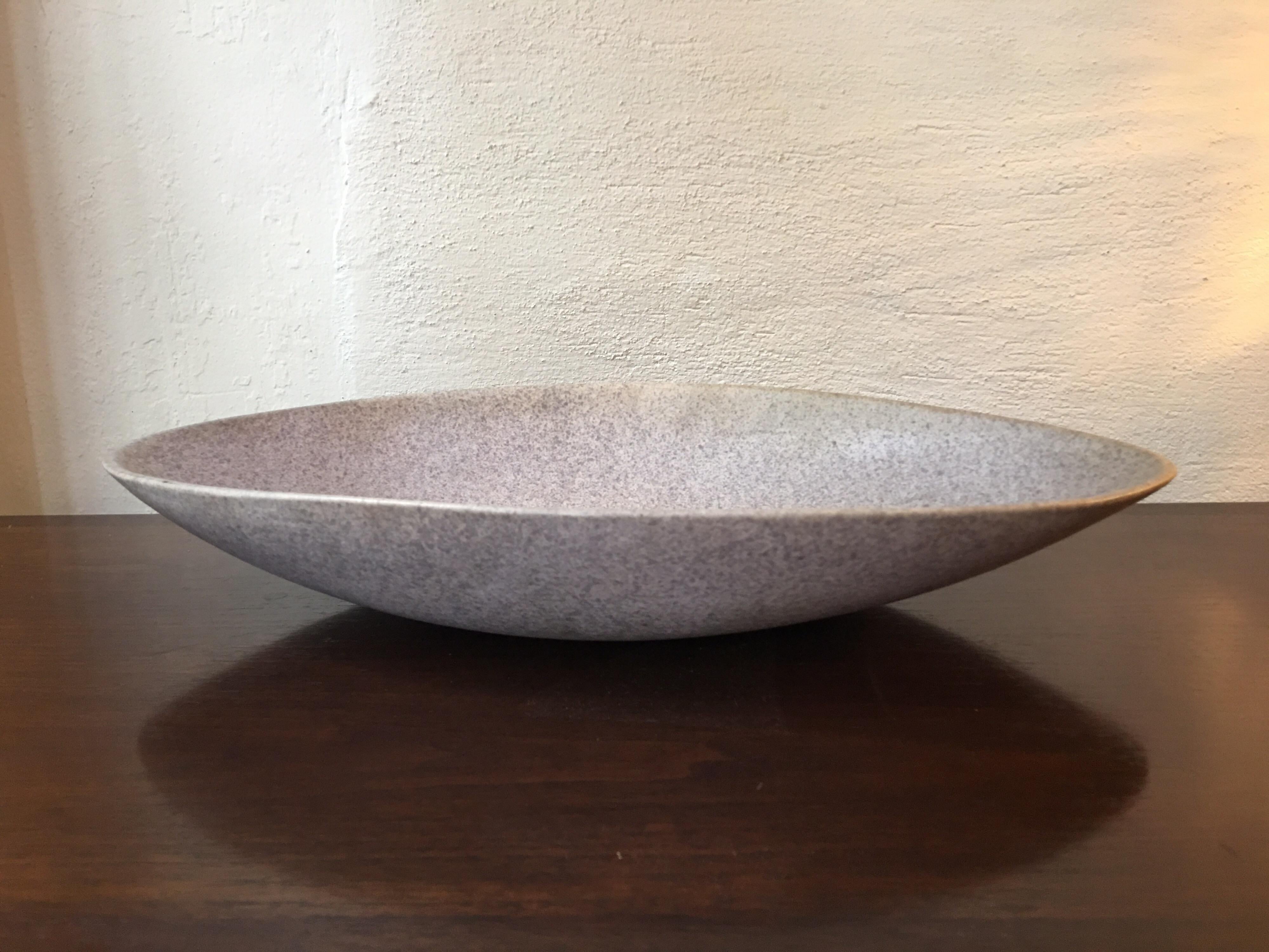 Oval center bowl with a matte speckled glaze. New Jersey Artist Carl R. Espenscheid 1905-1982. Bowl is signed Espenscheid, Lebanon NJ Haytown. Very nice condition, and impressive size! 19 3/4