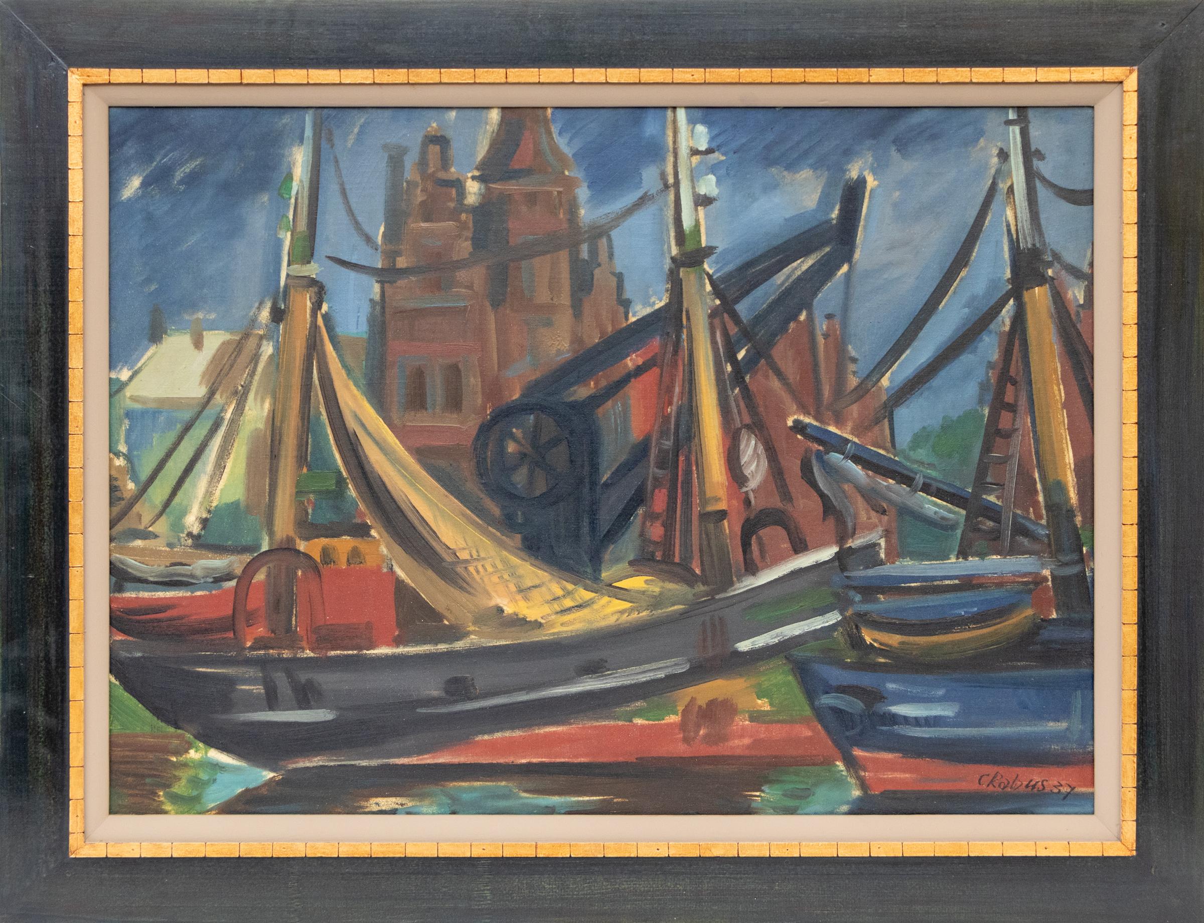 Scena del porto di Bruxelles degli anni '30 - Pittura originale in acrilico con barche - Painting di Carl Rabus